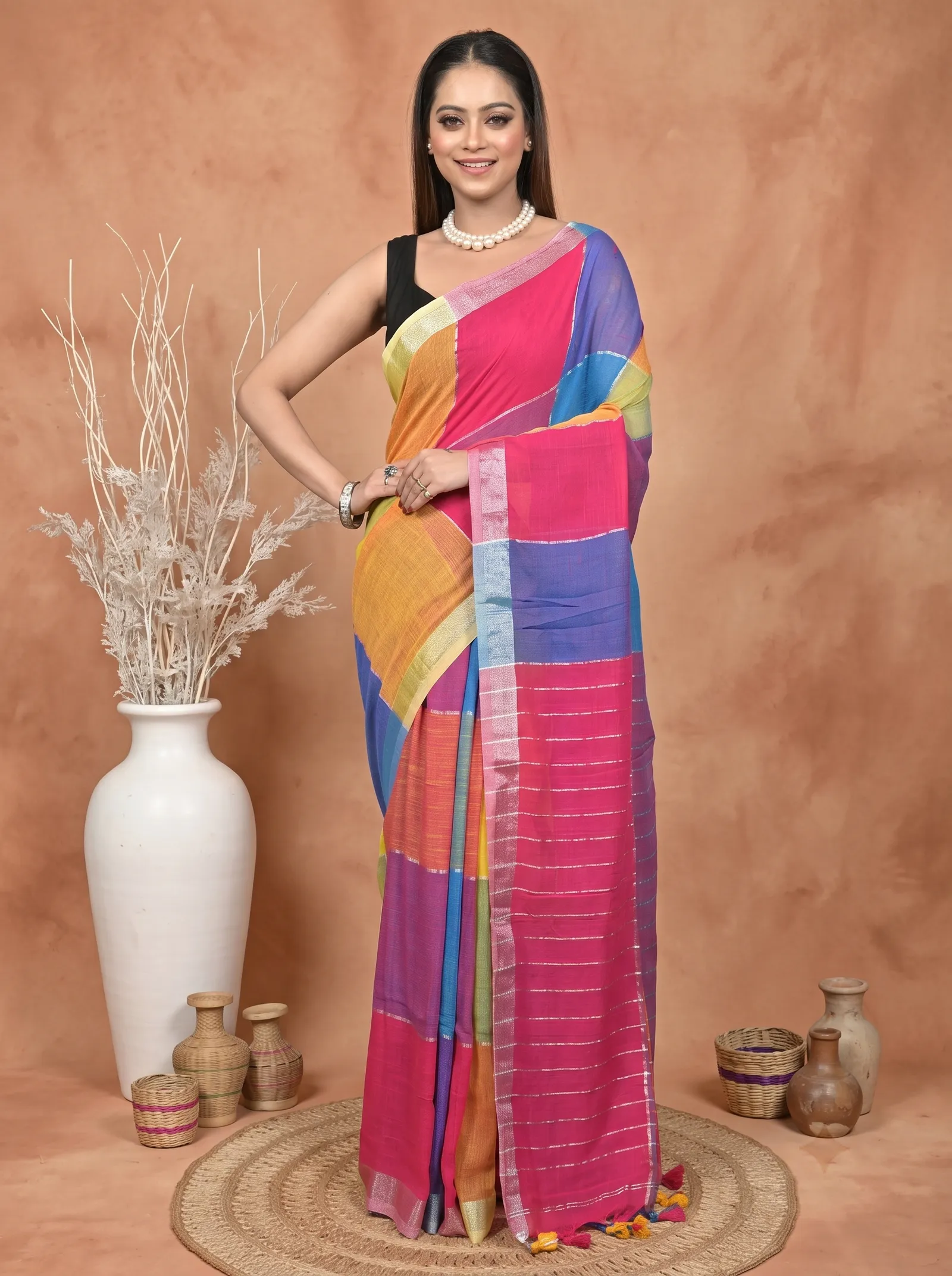 DipDiya Kesh Cotton  Traditional Bengali Multi-Coloured Artisan Crafted Souvon Handloom Saree