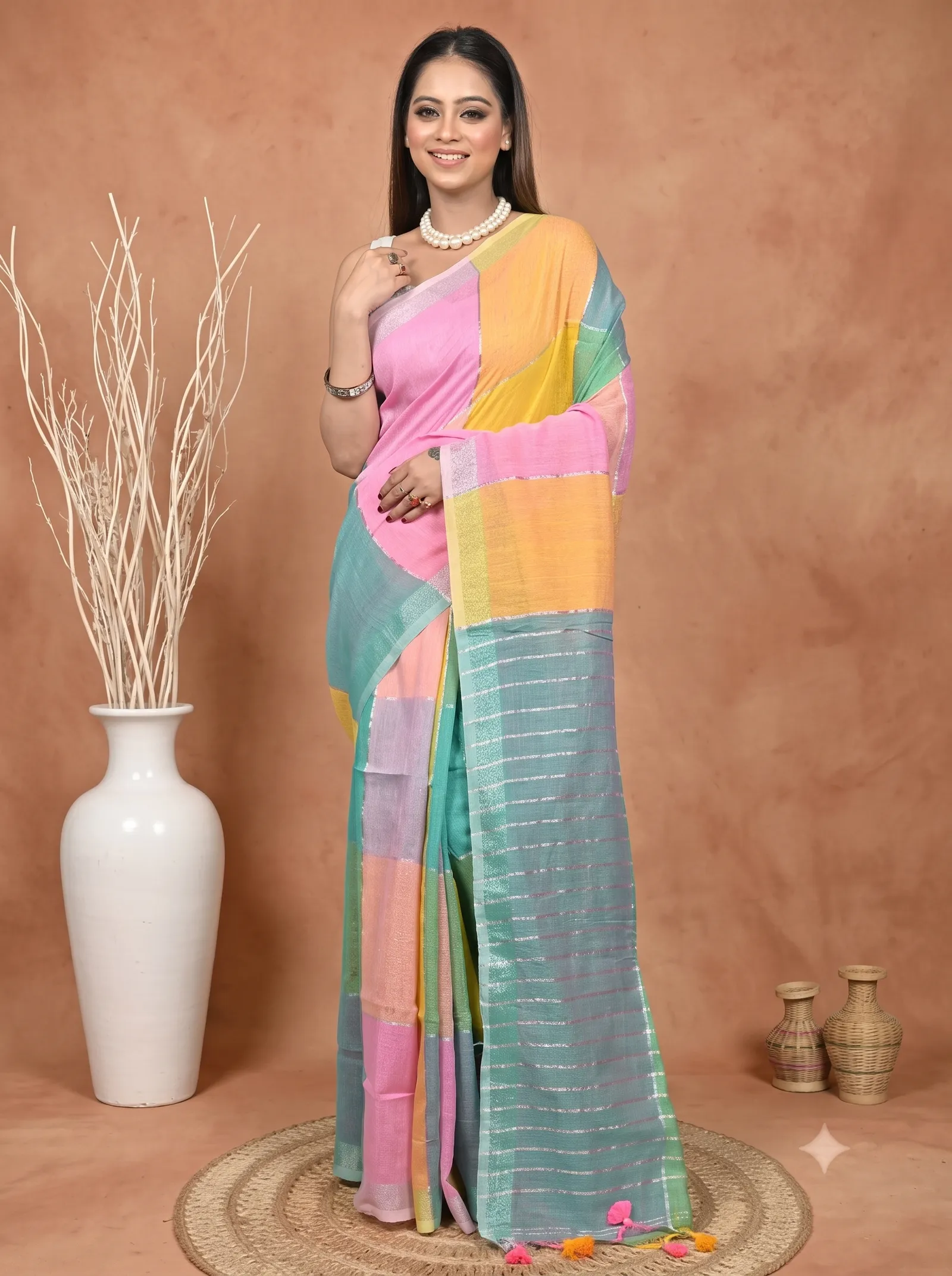 DipDiya Kesh Cotton  Traditional Bengali Pink Green Artisan Crafted Souvon Handloom Saree
