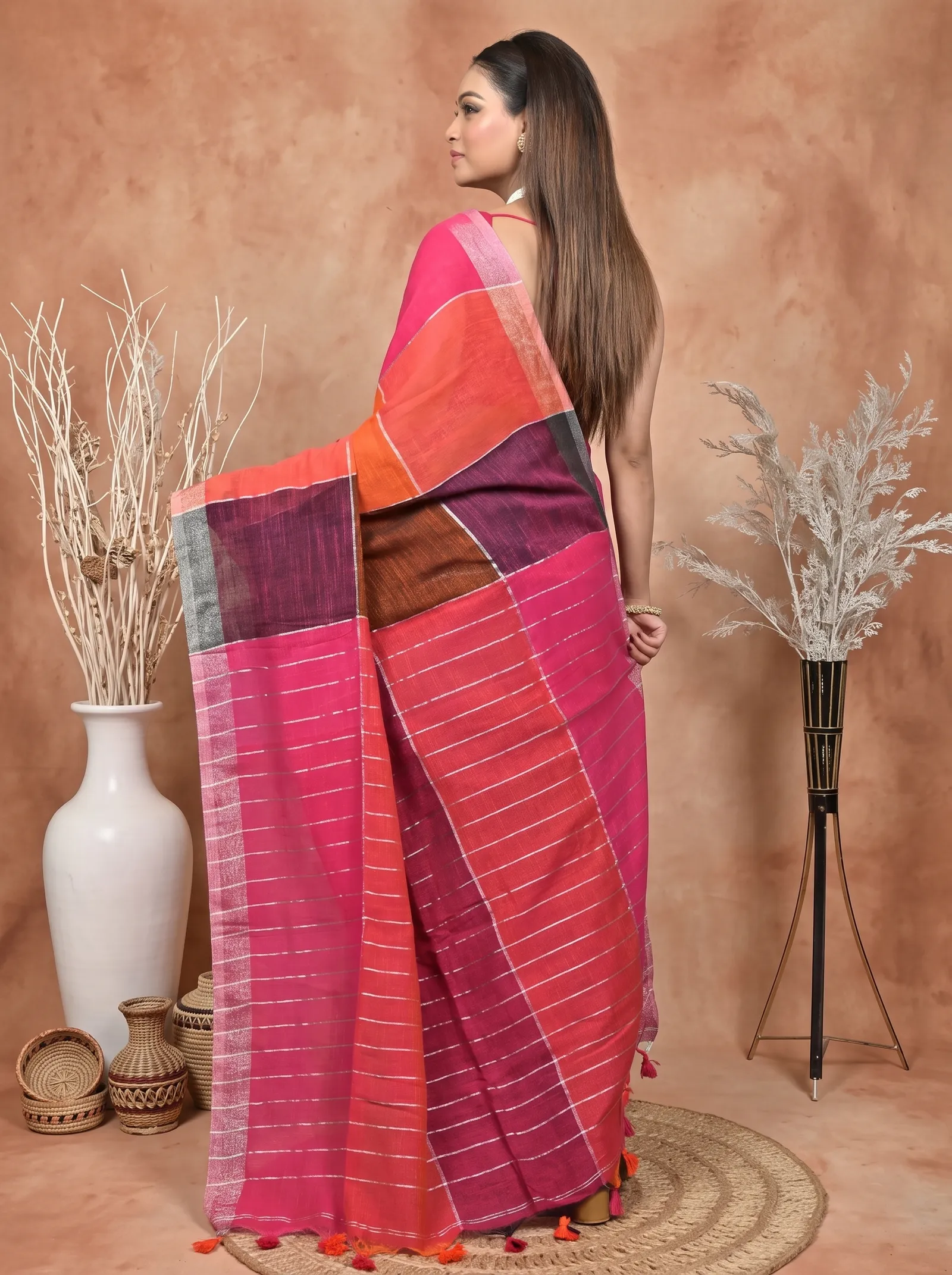 DipDiya Kesh Cotton  Traditional Bengali Red Purpel Artisan Crafted Souvon Handloom Saree