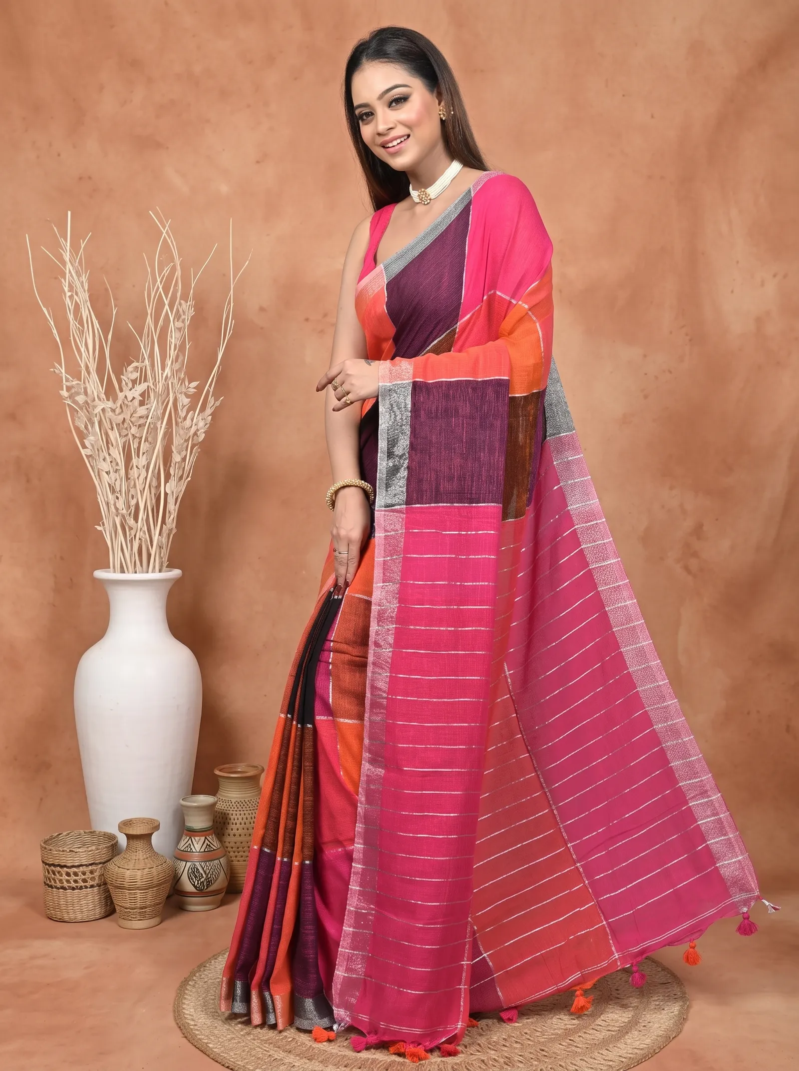 DipDiya Kesh Cotton  Traditional Bengali Red Purpel Artisan Crafted Souvon Handloom Saree
