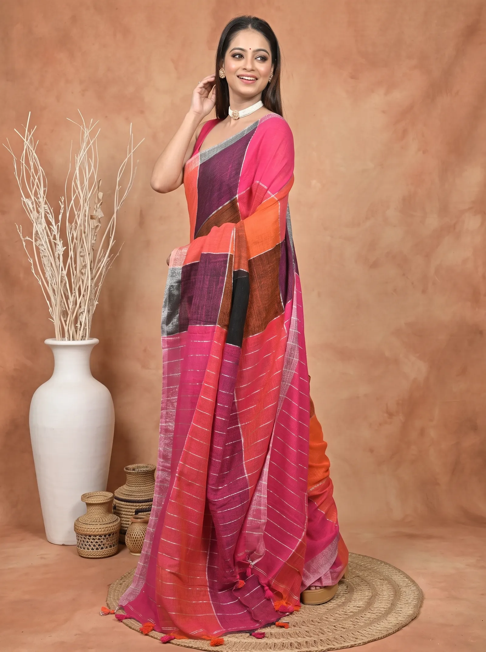 DipDiya Kesh Cotton  Traditional Bengali Red Purpel Artisan Crafted Souvon Handloom Saree