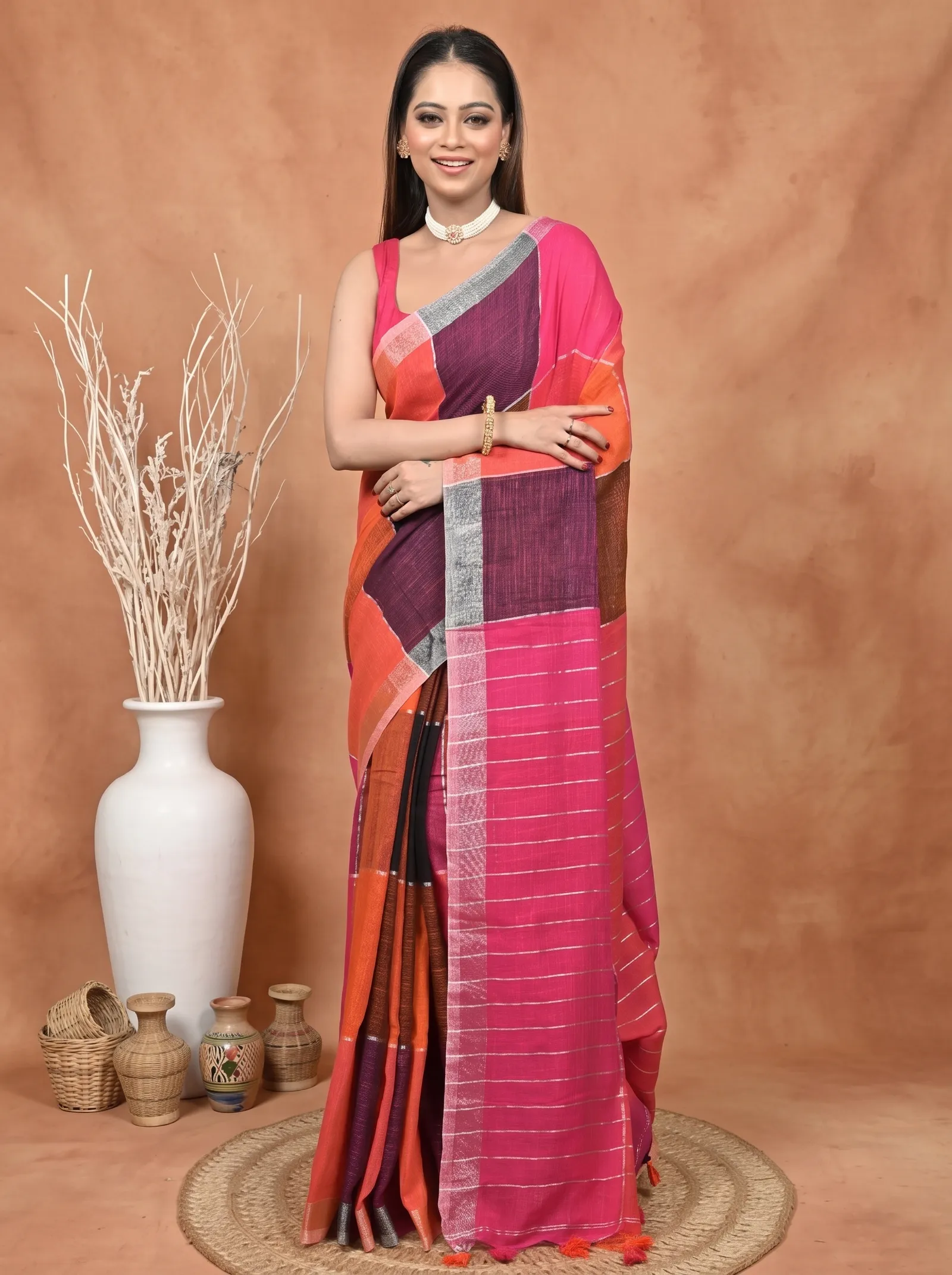 DipDiya Kesh Cotton  Traditional Bengali Red Purpel Artisan Crafted Souvon Handloom Saree