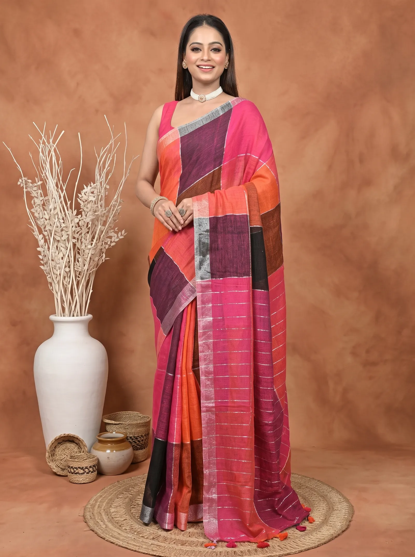 DipDiya Kesh Cotton  Traditional Bengali Red Purpel Artisan Crafted Souvon Handloom Saree