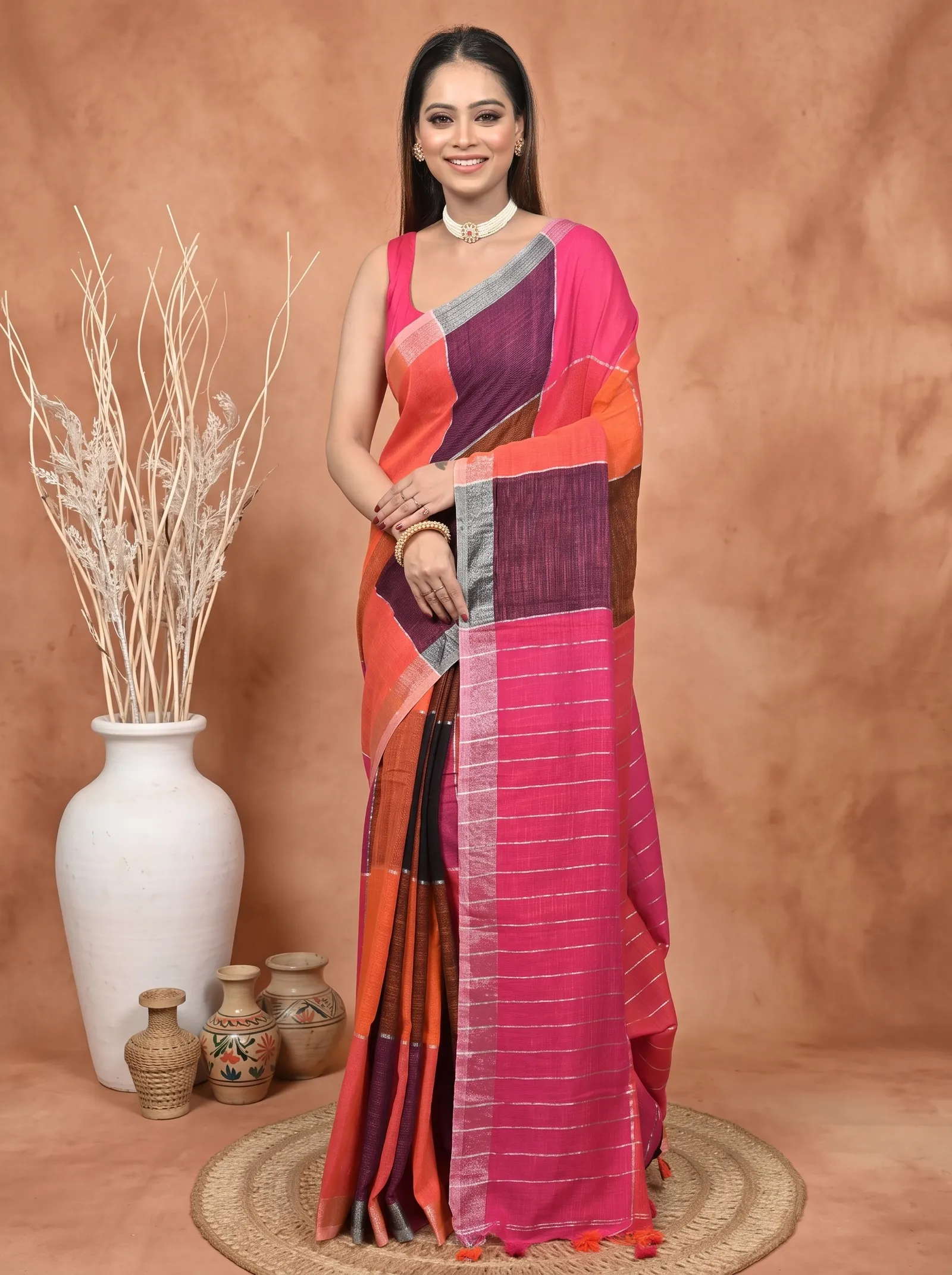 DipDiya Kesh Cotton  Traditional Bengali Red Purpel Artisan Crafted Souvon Handloom Saree