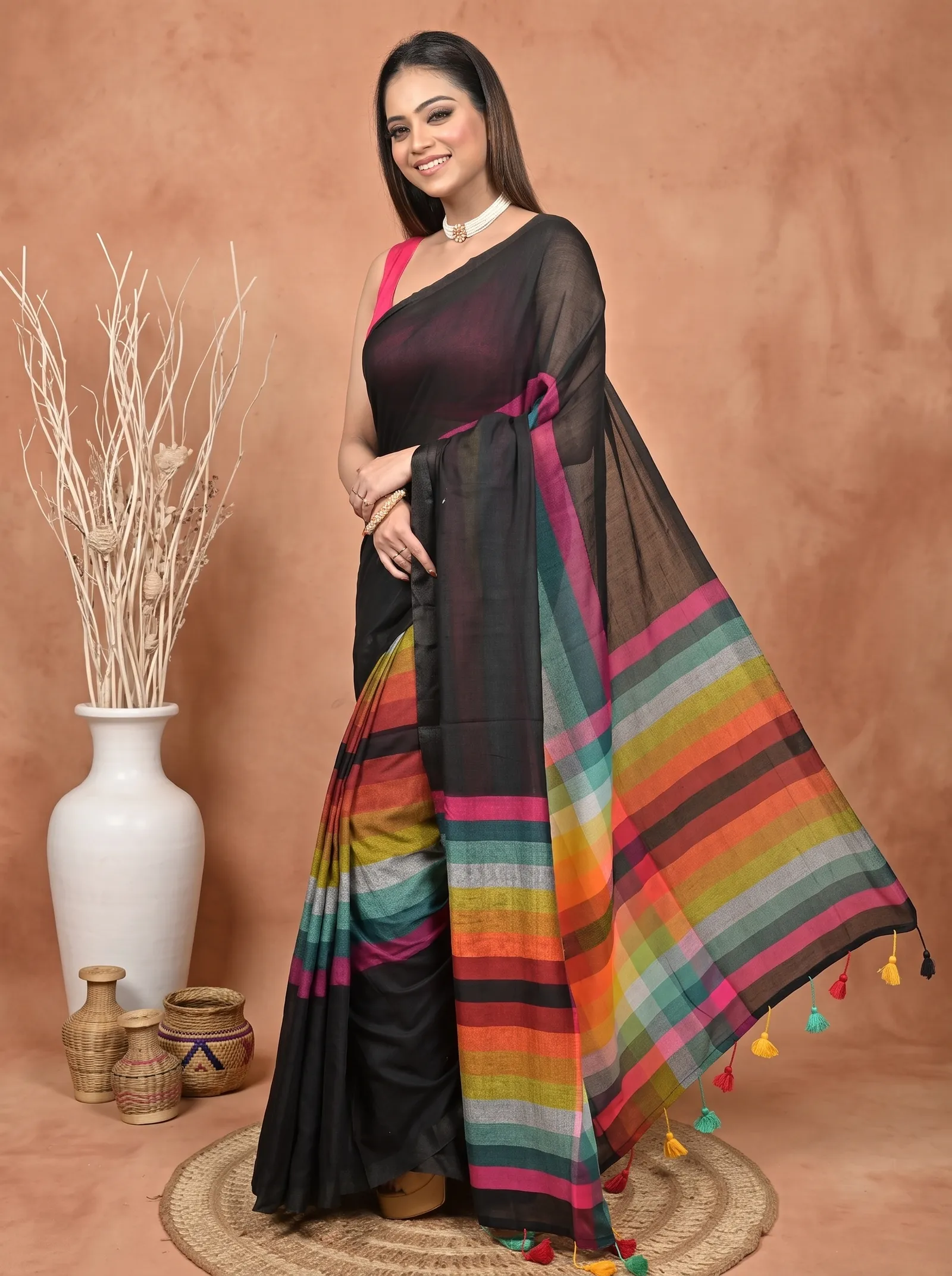DipDiya Khadi Cotton  Traditional Bengali Black Artisan Crafted Sounur Handloom Saree