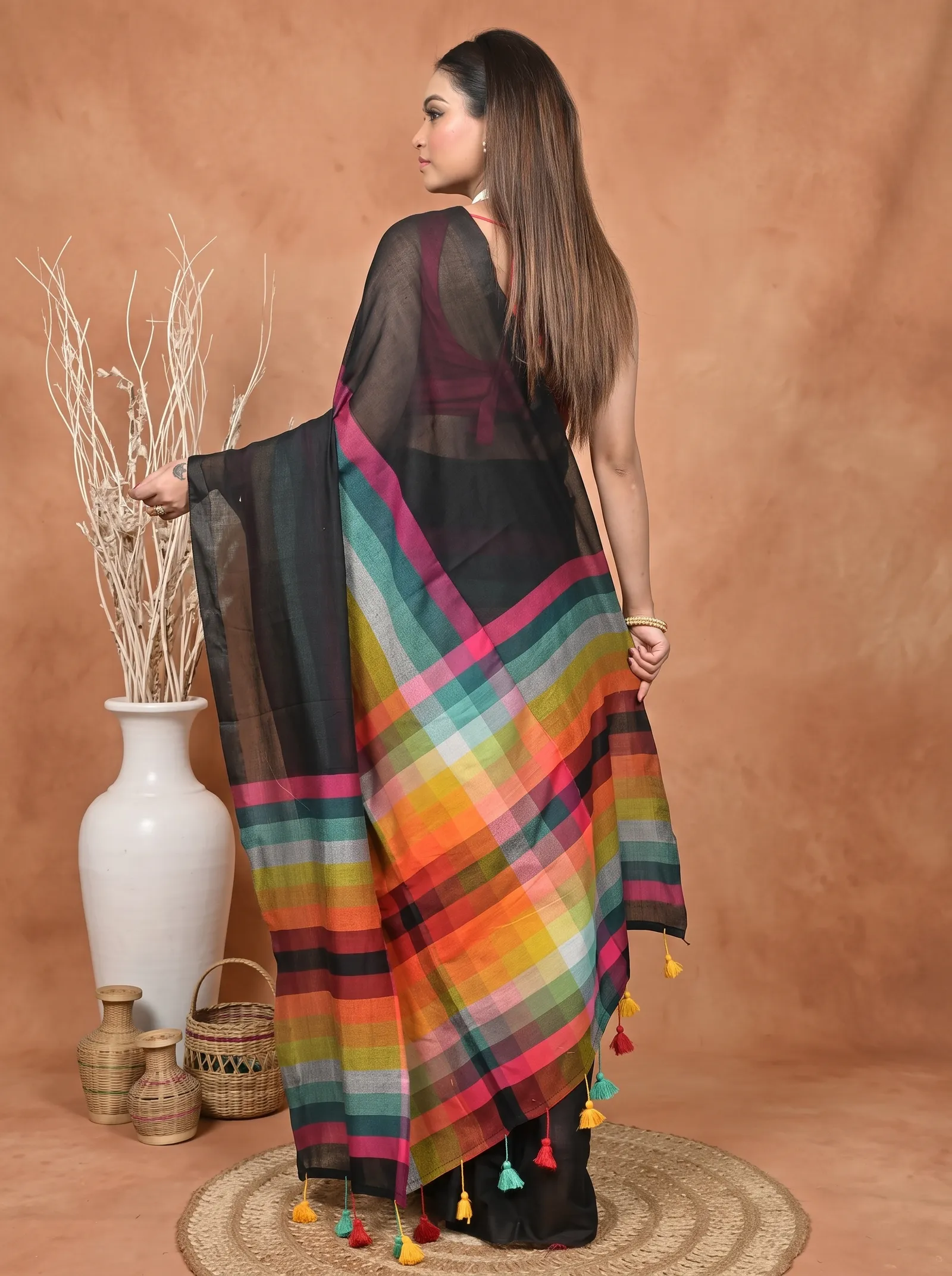 DipDiya Khadi Cotton  Traditional Bengali Black Artisan Crafted Sounur Handloom Saree