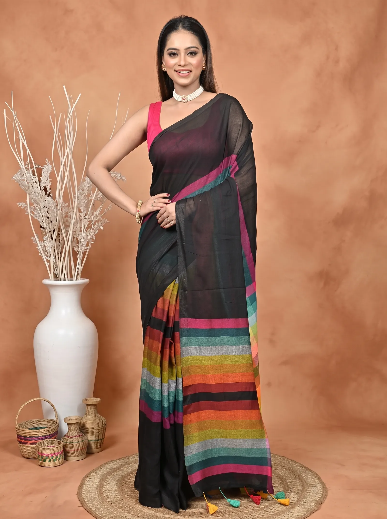 DipDiya Khadi Cotton  Traditional Bengali Black Artisan Crafted Sounur Handloom Saree