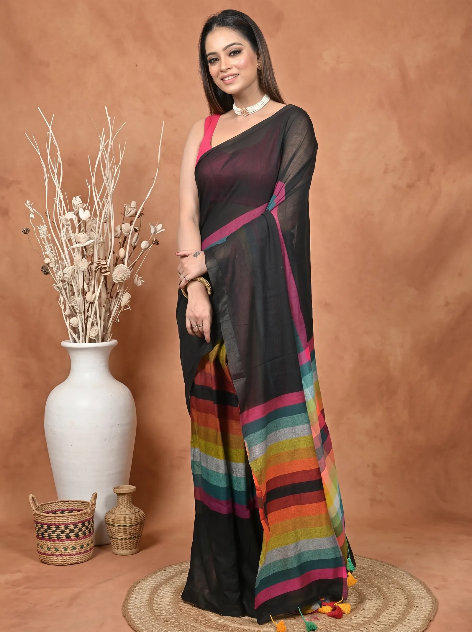 DipDiya Khadi Cotton  Traditional Bengali Black Artisan Crafted Sounur Handloom Saree
