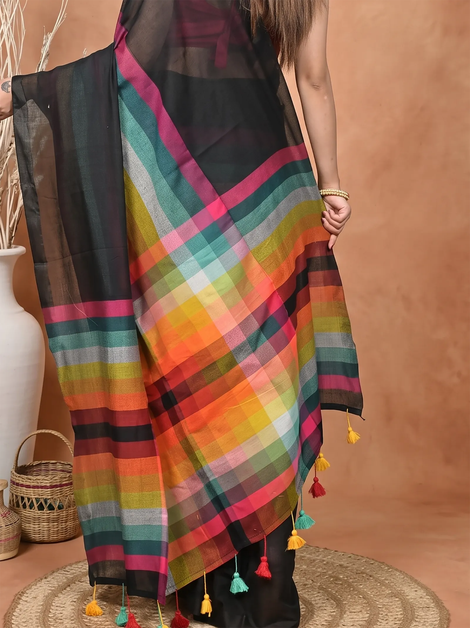 DipDiya Khadi Cotton  Traditional Bengali Black Artisan Crafted Sounur Handloom Saree