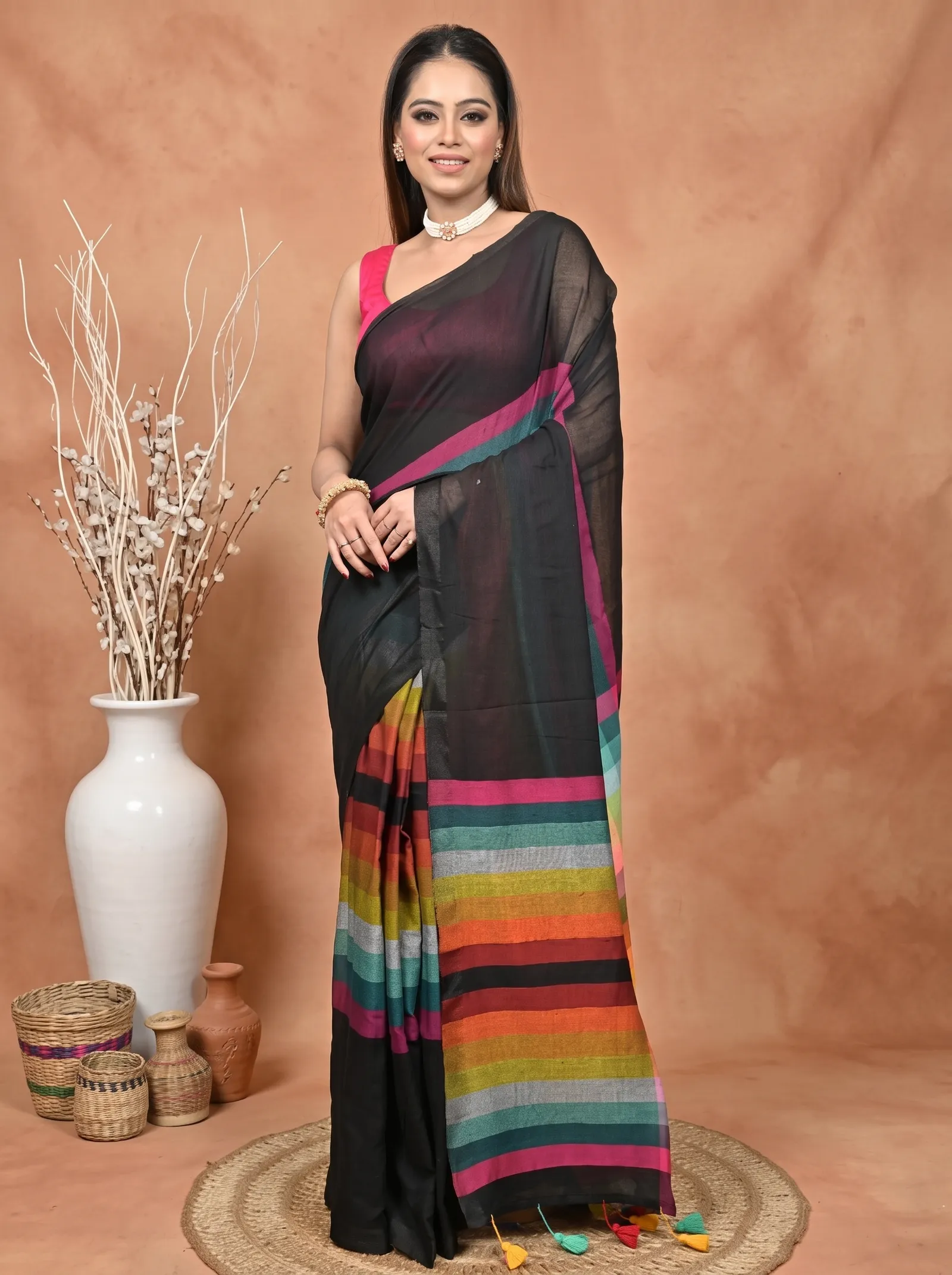 DipDiya Khadi Cotton  Traditional Bengali Black Artisan Crafted Sounur Handloom Saree