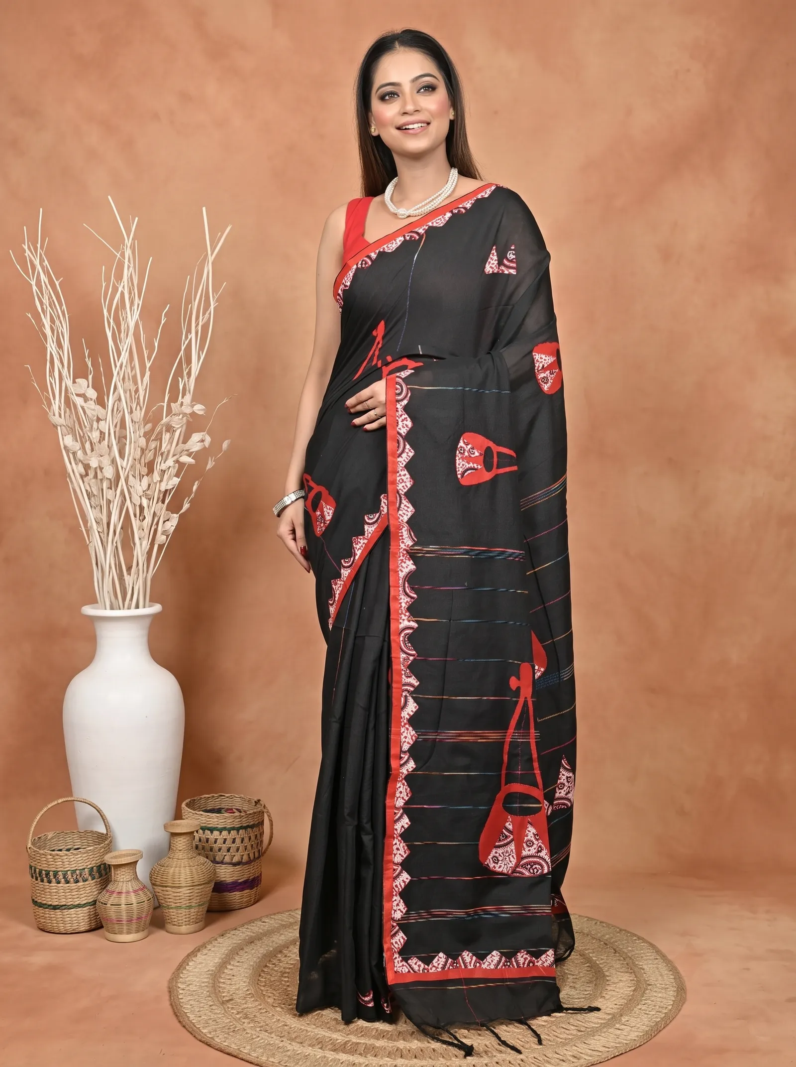 DipDiya Khadi Cotton  Traditional Bengali Black Red Artisan Crafted Ektara Applique Saree