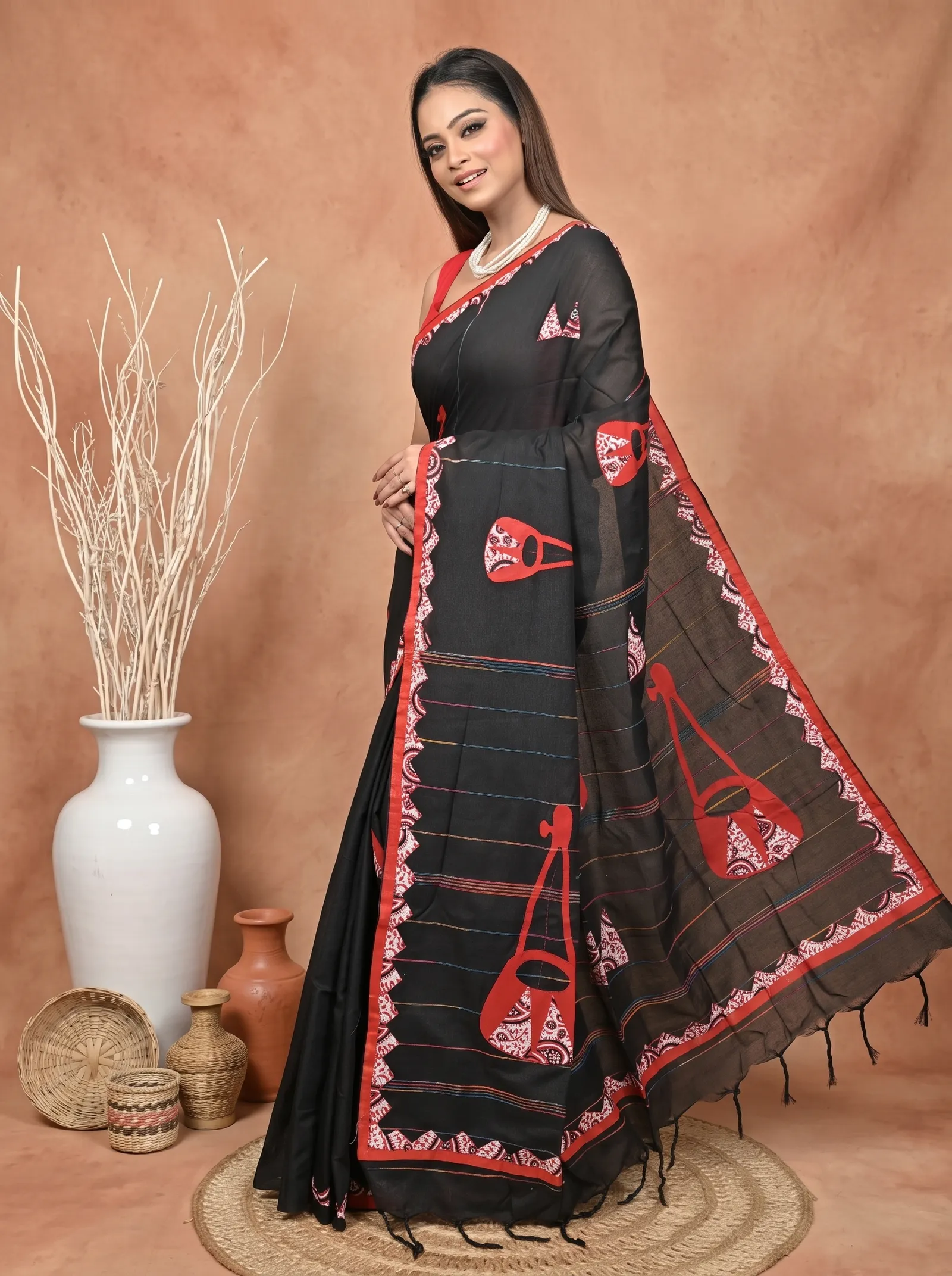DipDiya Khadi Cotton  Traditional Bengali Black Red Artisan Crafted Ektara Applique Saree
