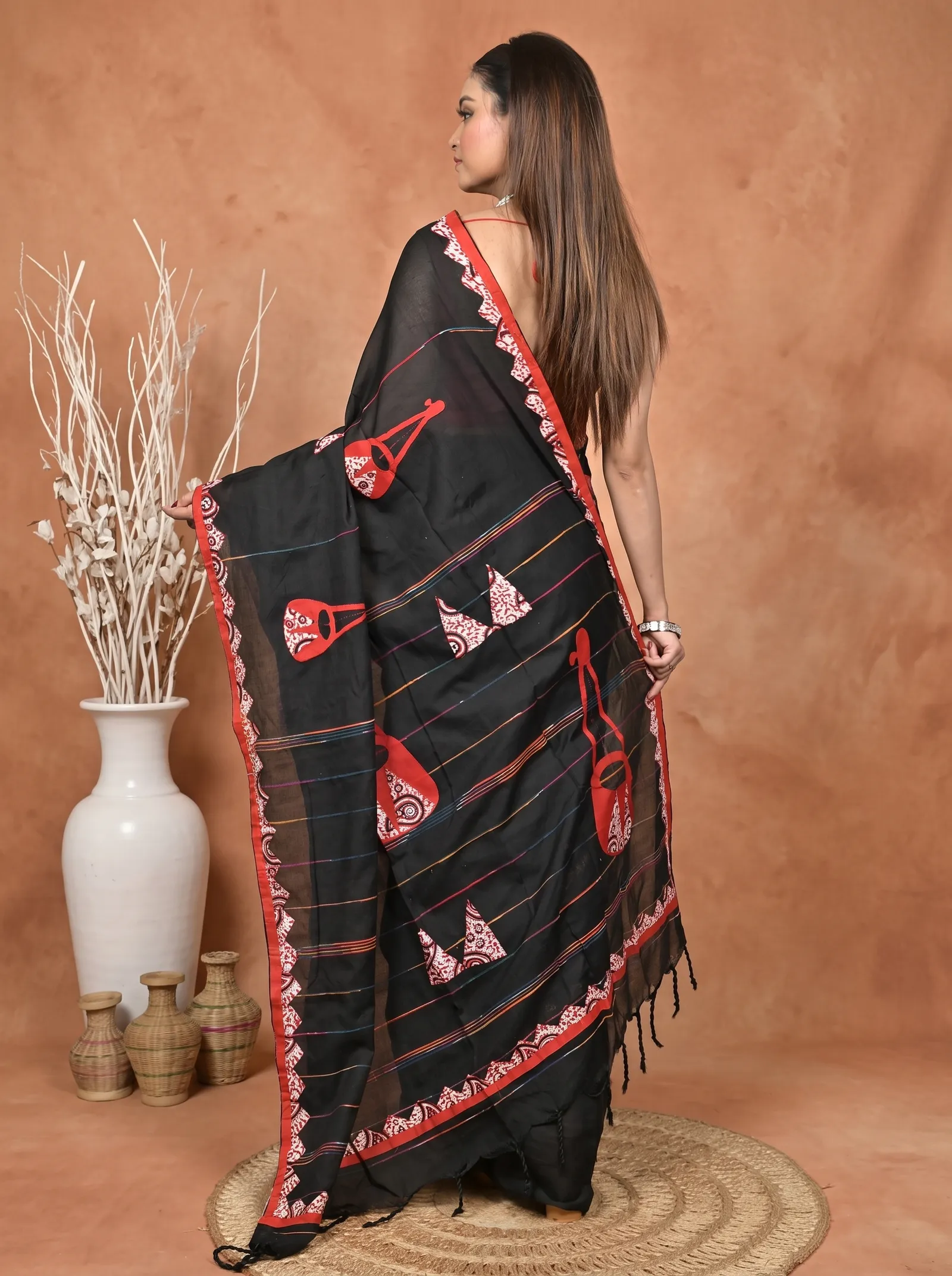 DipDiya Khadi Cotton  Traditional Bengali Black Red Artisan Crafted Ektara Applique Saree