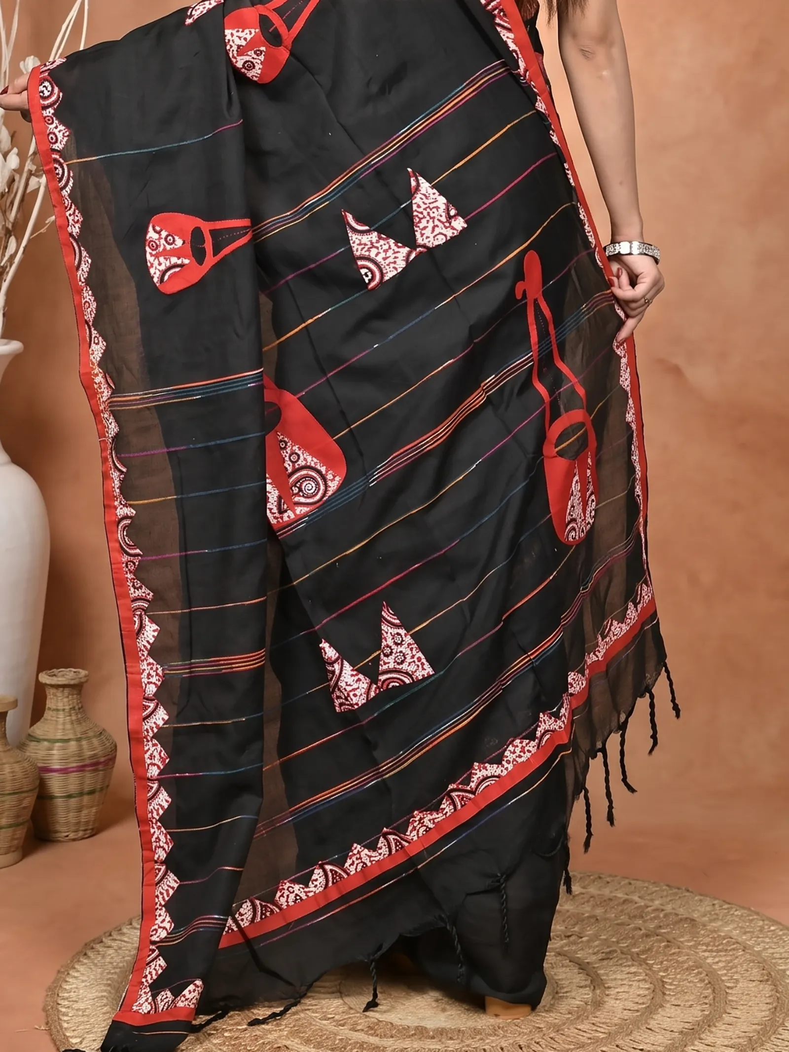DipDiya Khadi Cotton  Traditional Bengali Black Red Artisan Crafted Ektara Applique Saree