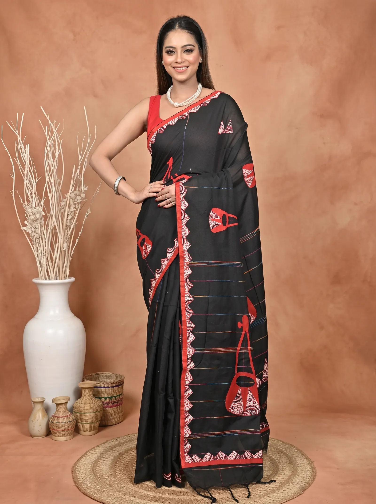 DipDiya Khadi Cotton  Traditional Bengali Black Red Artisan Crafted Ektara Applique Saree