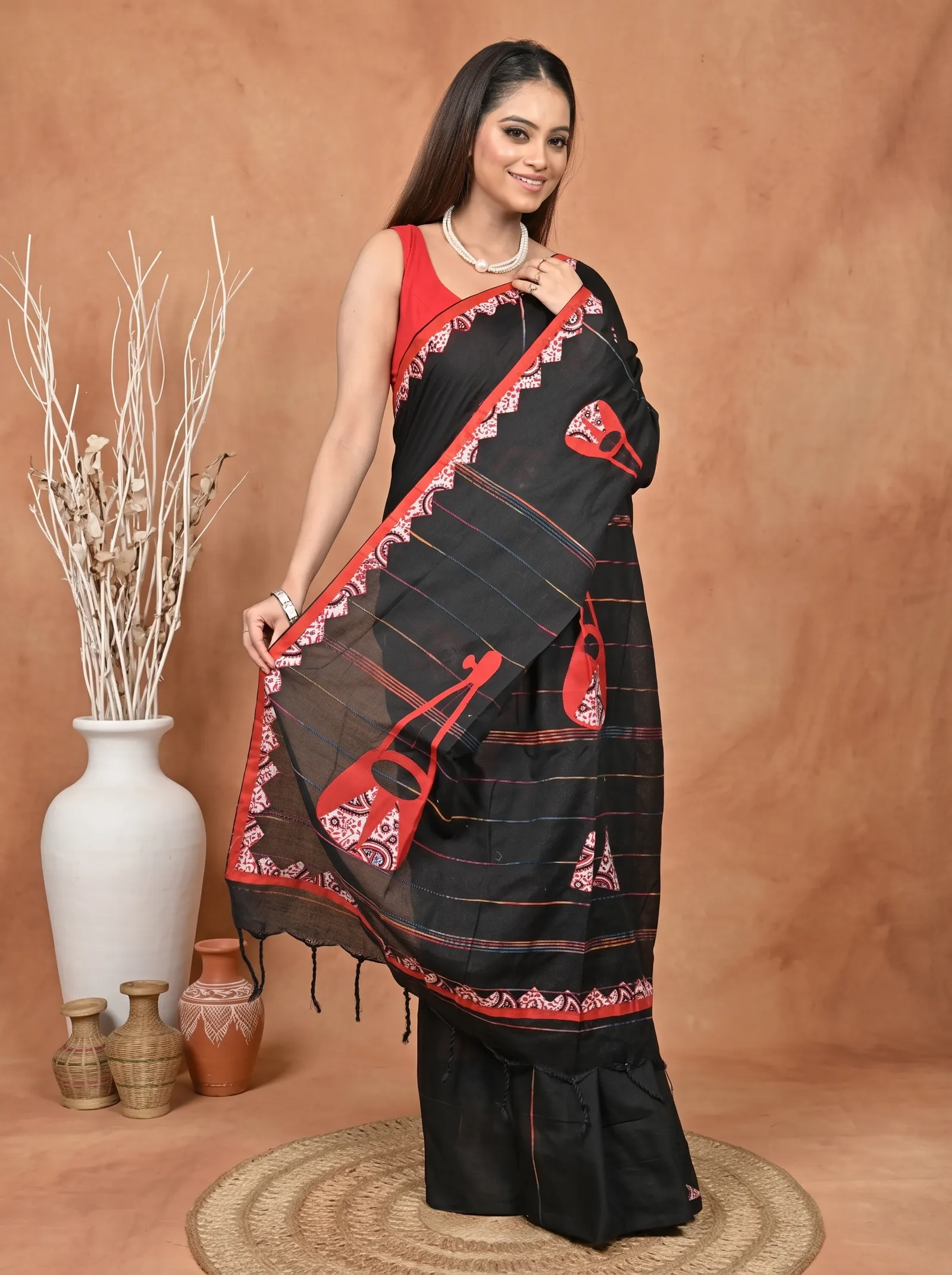 DipDiya Khadi Cotton  Traditional Bengali Black Red Artisan Crafted Ektara Applique Saree