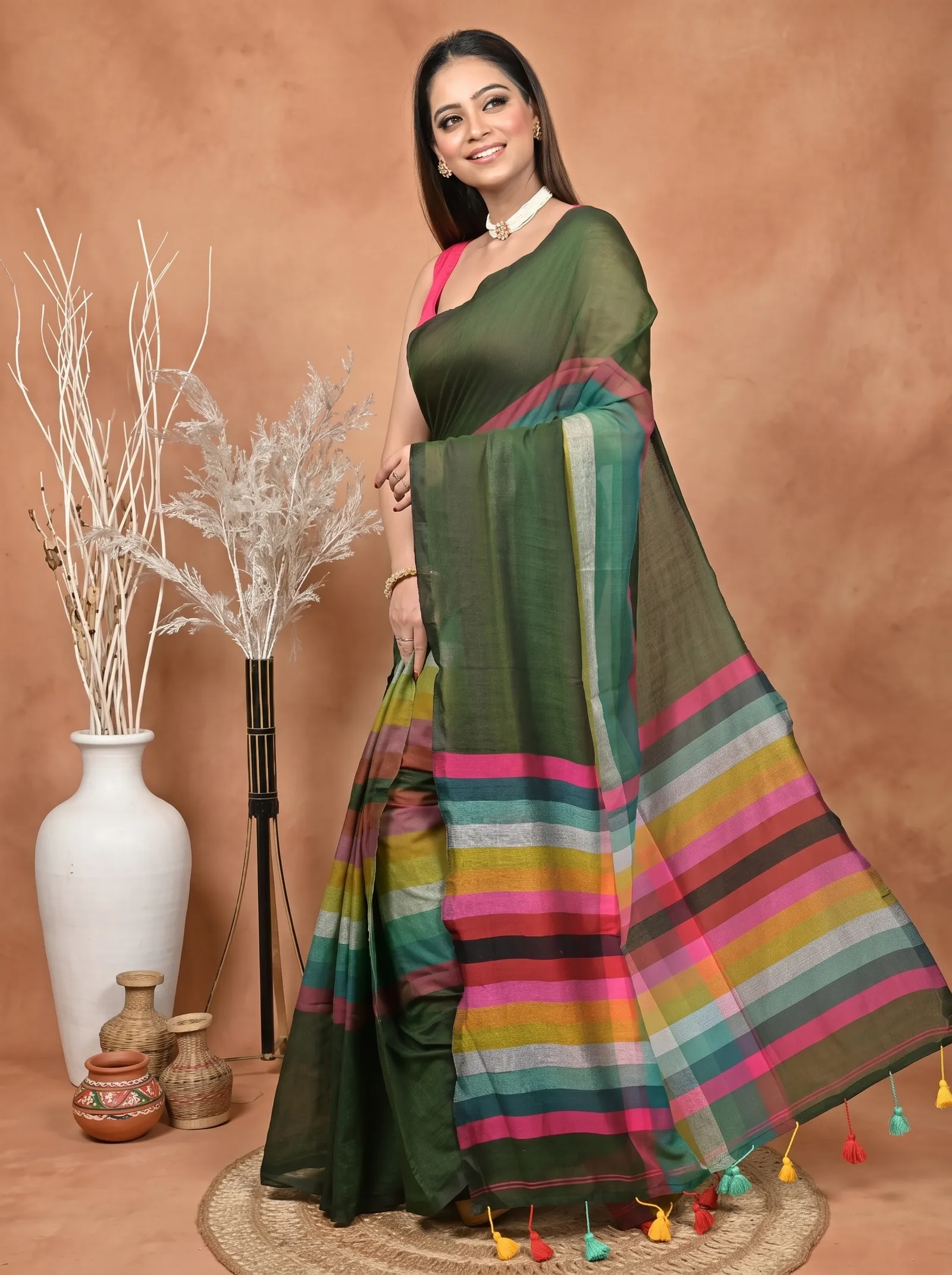 DipDiya Khadi Cotton  Traditional Bengali Dark Green Artisan Crafted Sounur Handloom Saree