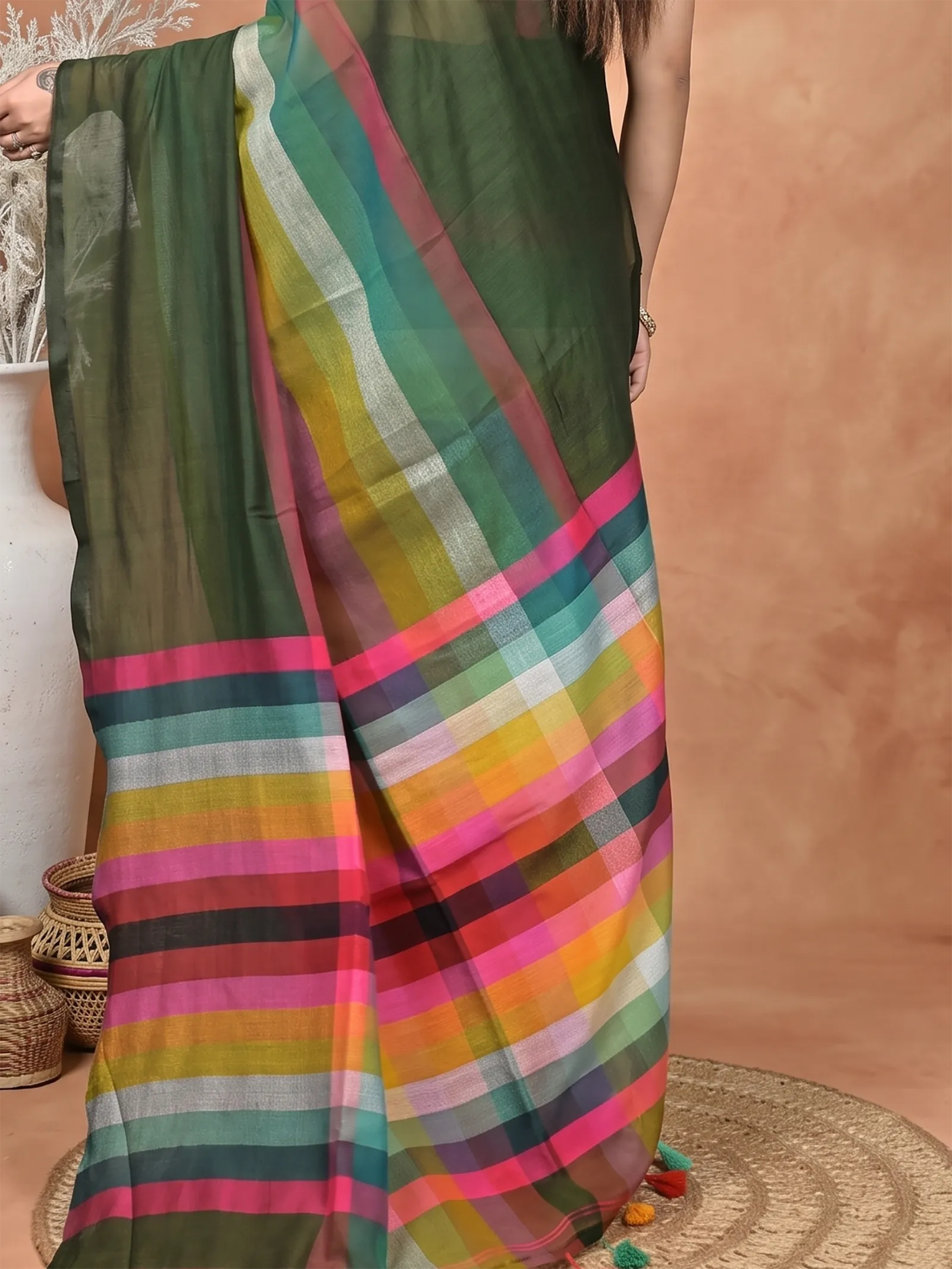 DipDiya Khadi Cotton  Traditional Bengali Dark Green Artisan Crafted Sounur Handloom Saree