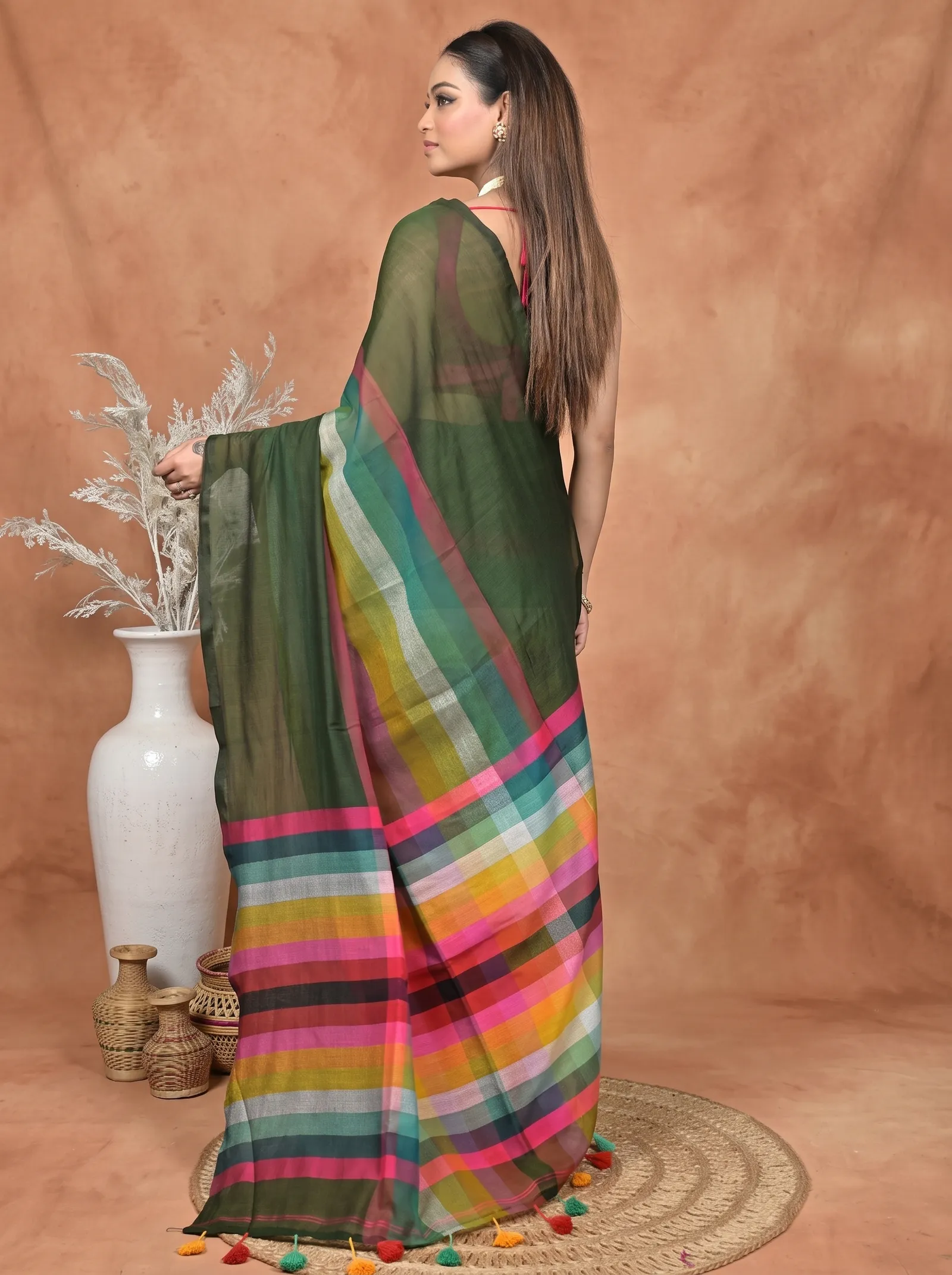 DipDiya Khadi Cotton  Traditional Bengali Dark Green Artisan Crafted Sounur Handloom Saree