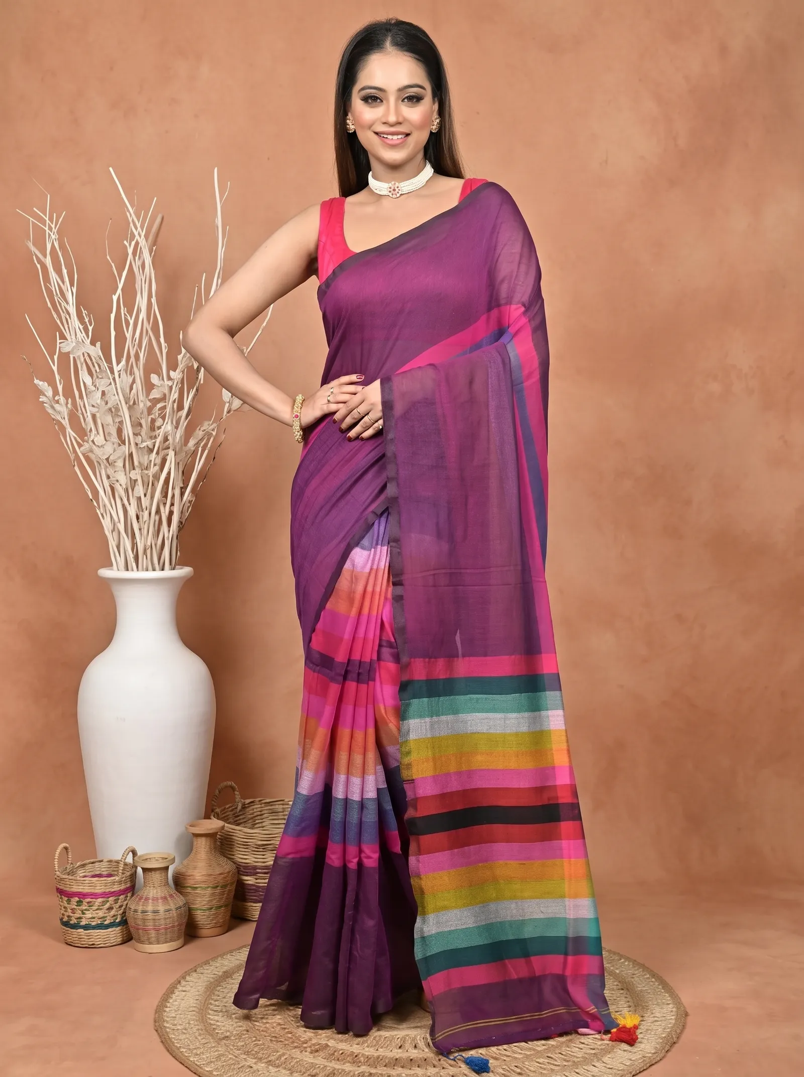 DipDiya Khadi Cotton  Traditional Bengali Dark Violet Artisan Crafted Sounur Handloom Saree