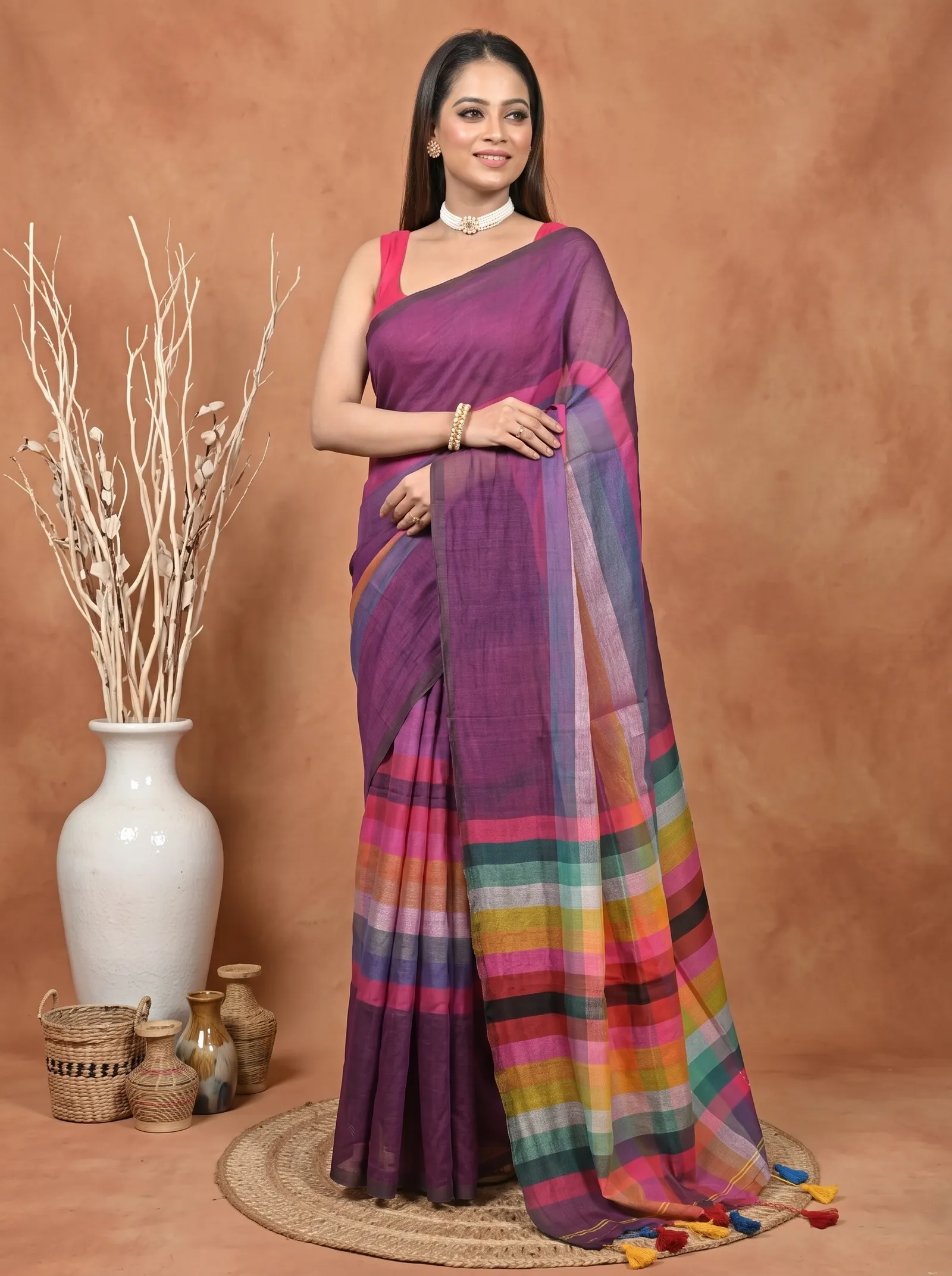 DipDiya Khadi Cotton  Traditional Bengali Dark Violet Artisan Crafted Sounur Handloom Saree