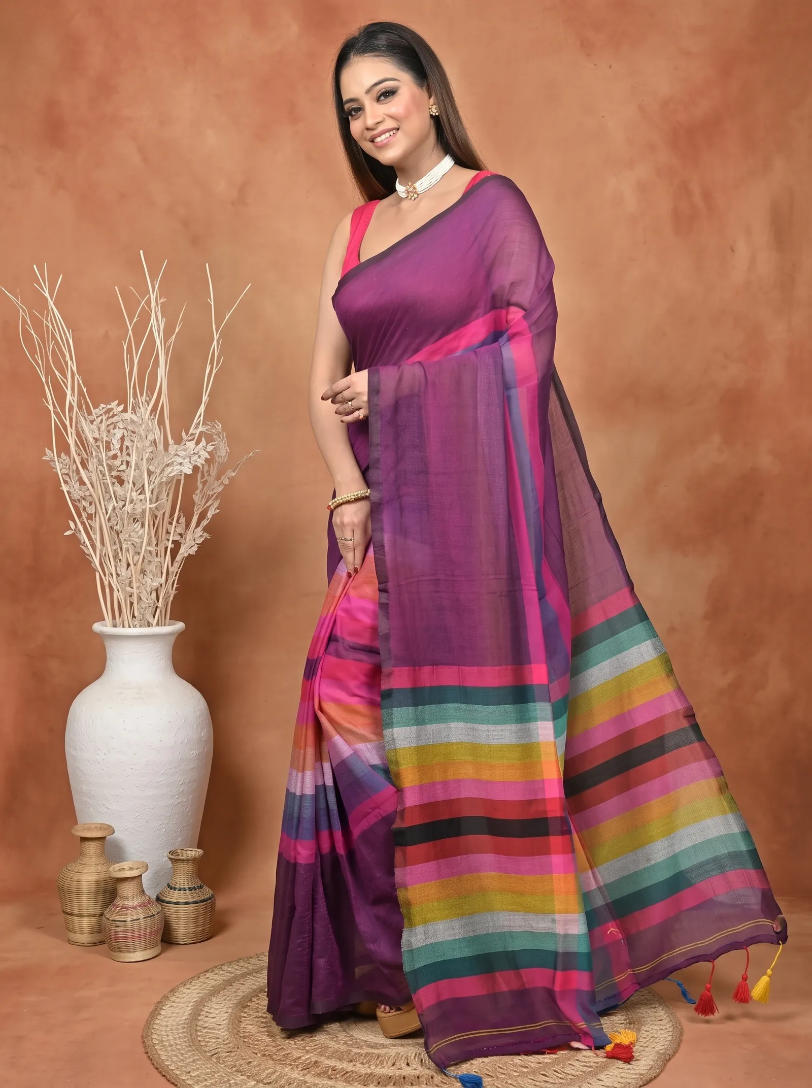 DipDiya Khadi Cotton  Traditional Bengali Dark Violet Artisan Crafted Sounur Handloom Saree