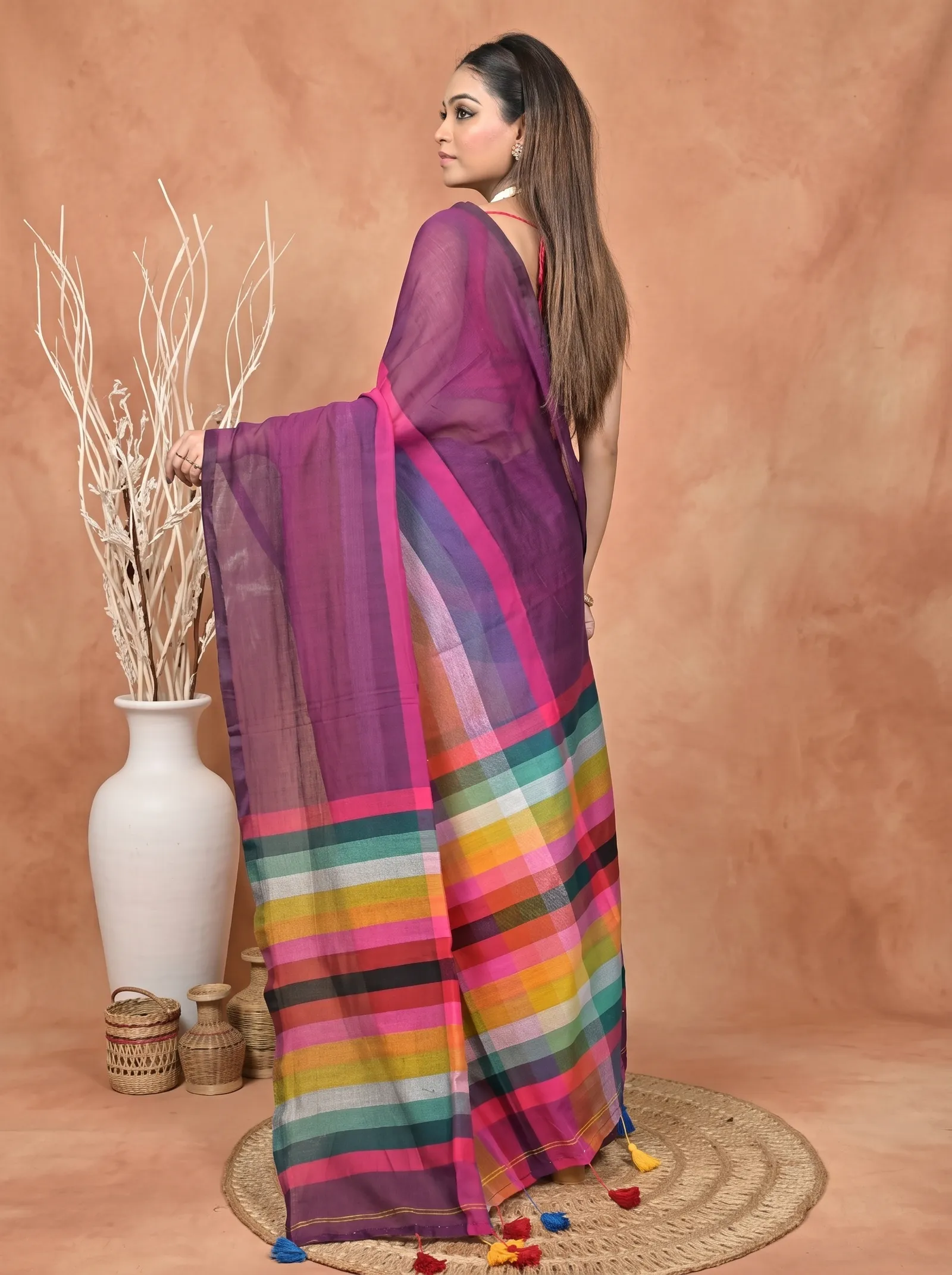 DipDiya Khadi Cotton  Traditional Bengali Dark Violet Artisan Crafted Sounur Handloom Saree