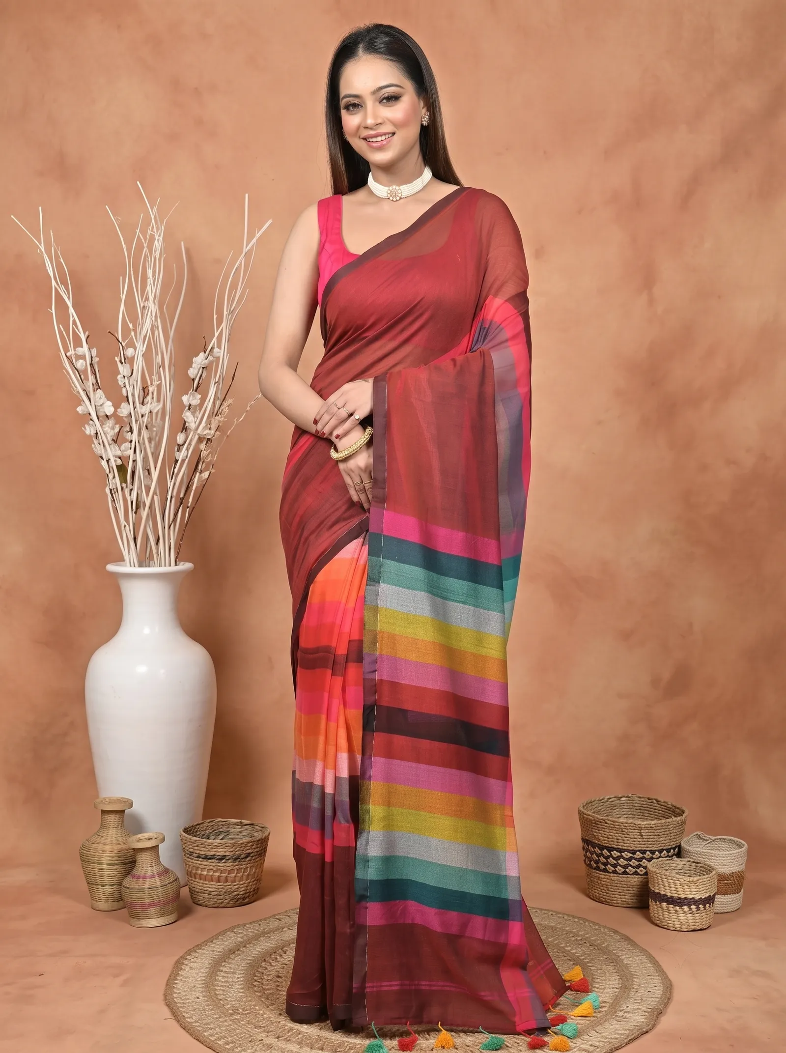 DipDiya Khadi Cotton  Traditional Bengali Maroon Artisan Crafted Sounur Handloom Saree