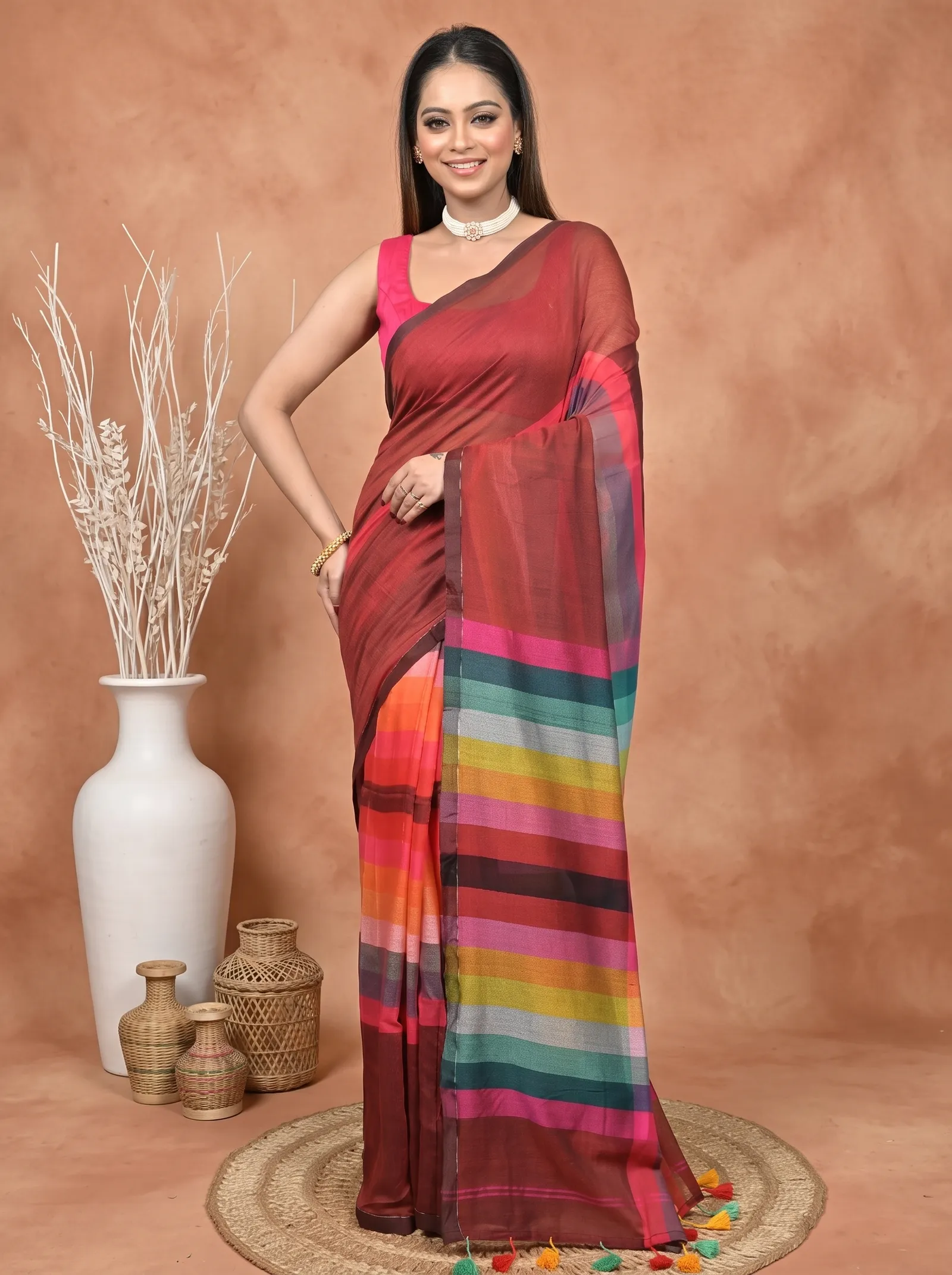 DipDiya Khadi Cotton  Traditional Bengali Maroon Artisan Crafted Sounur Handloom Saree