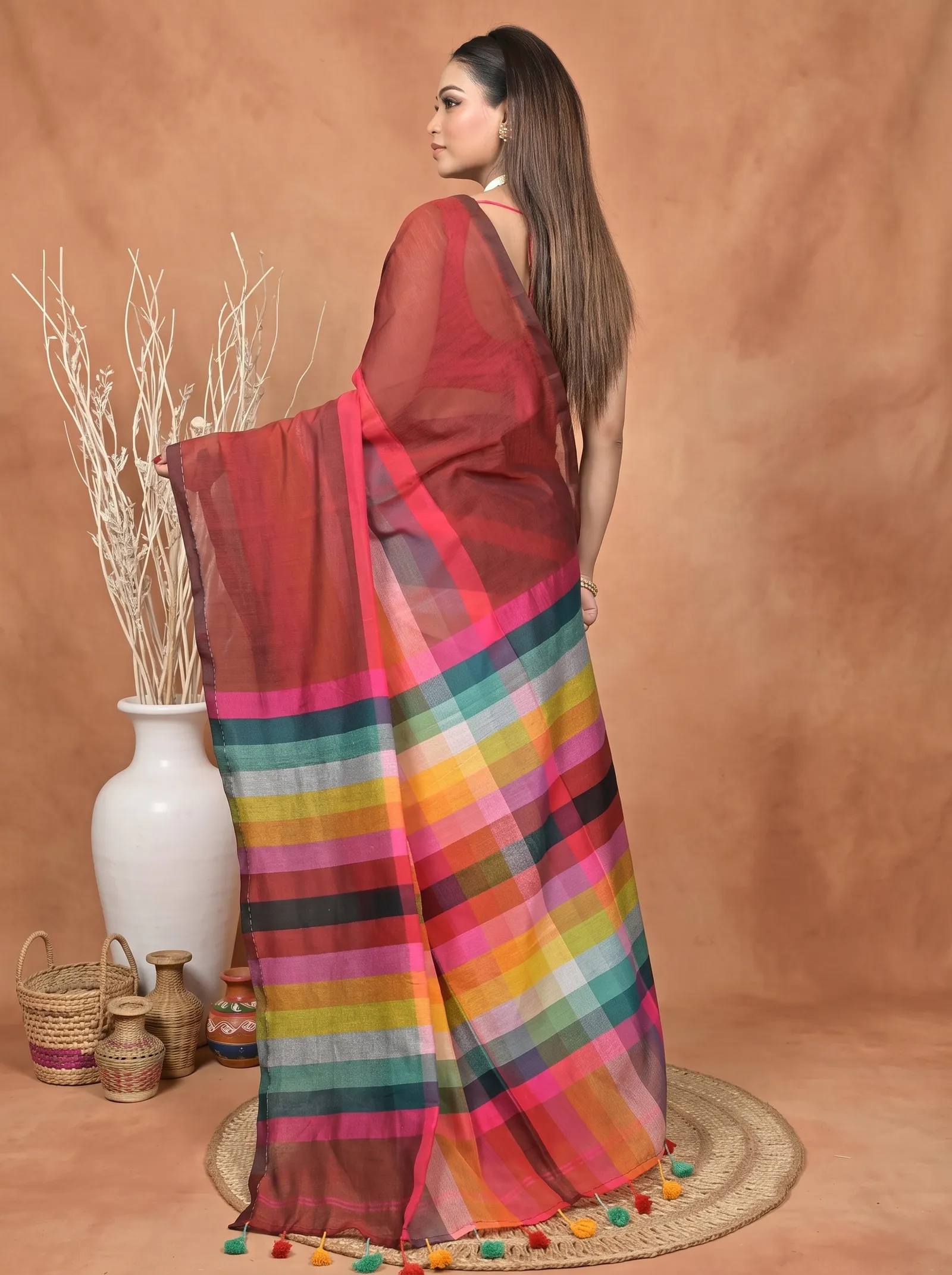 DipDiya Khadi Cotton  Traditional Bengali Maroon Artisan Crafted Sounur Handloom Saree