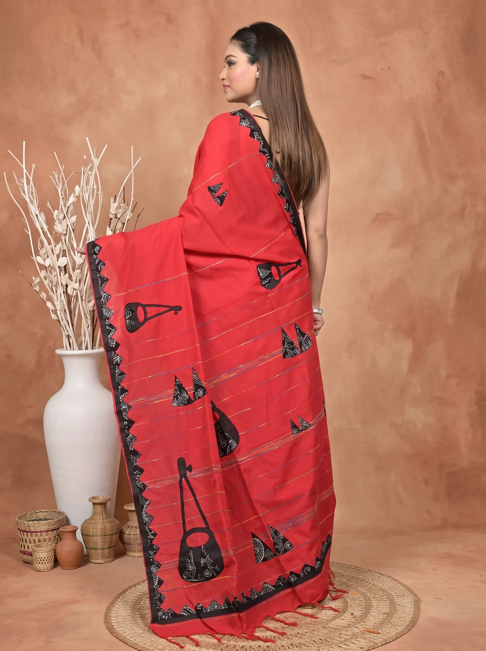 DipDiya Khadi Cotton  Traditional Bengali Red Black Artisan Crafted Ektara Applique Saree