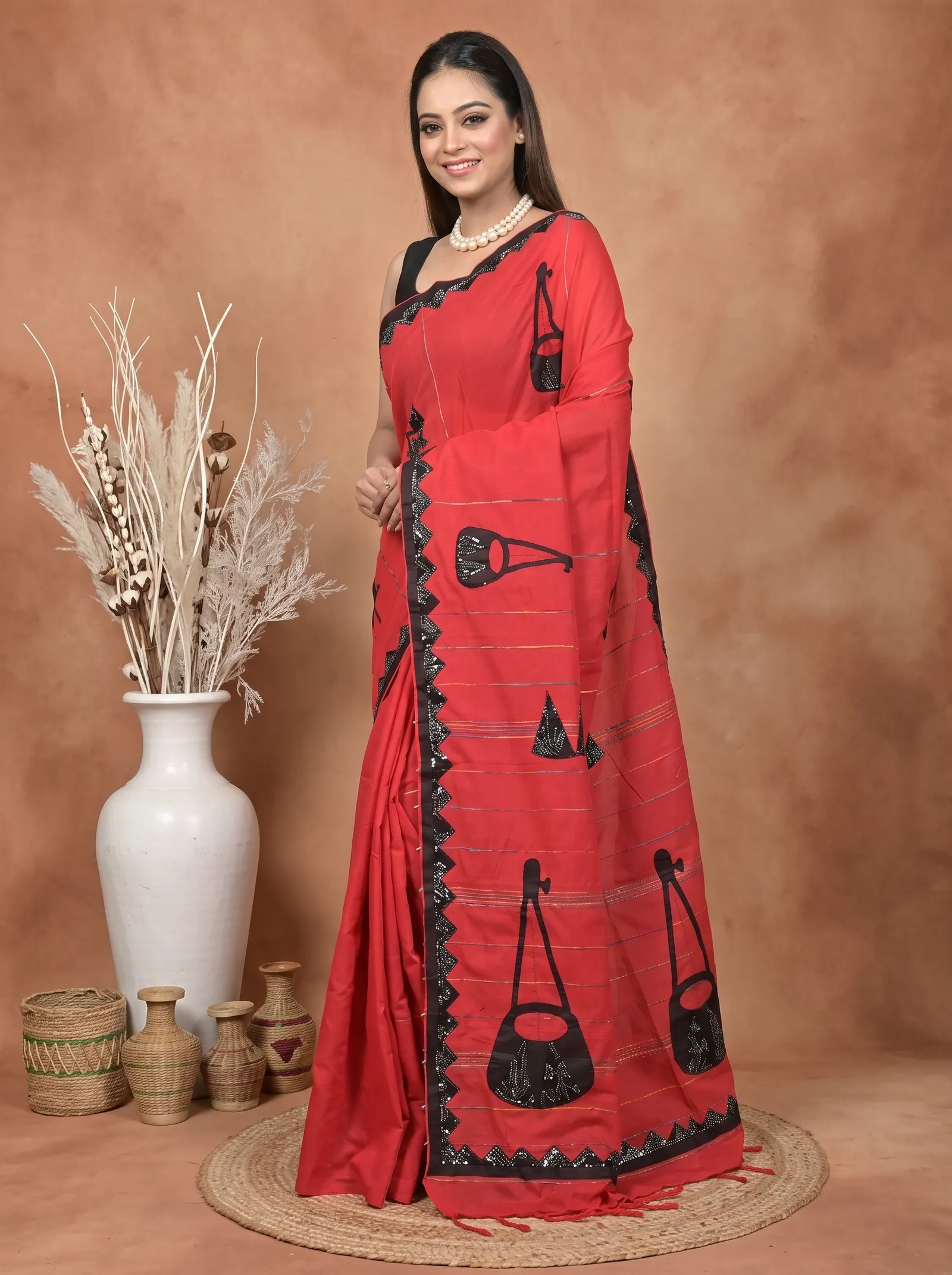 DipDiya Khadi Cotton  Traditional Bengali Red Black Artisan Crafted Ektara Applique Saree