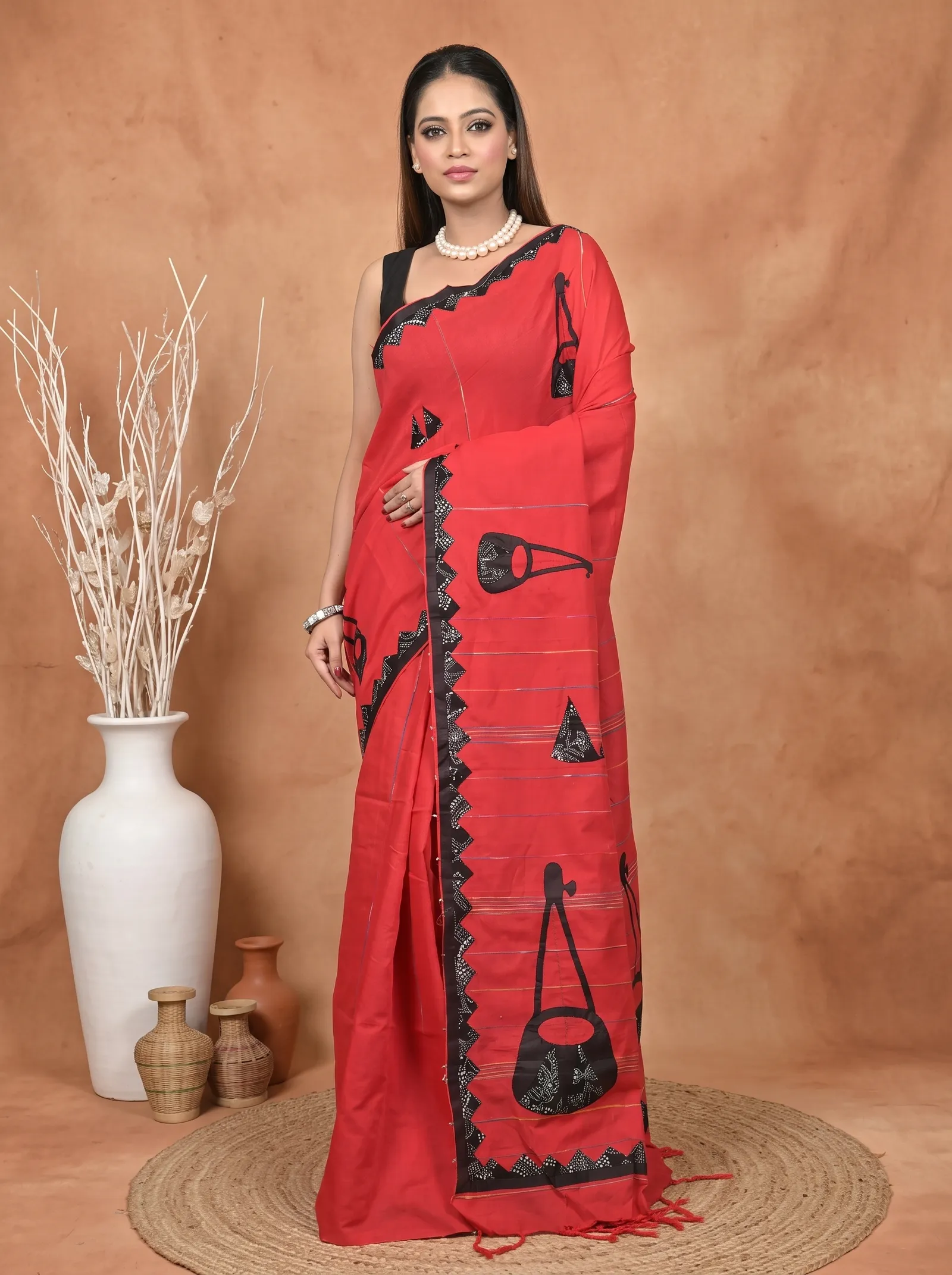 DipDiya Khadi Cotton  Traditional Bengali Red Black Artisan Crafted Ektara Applique Saree
