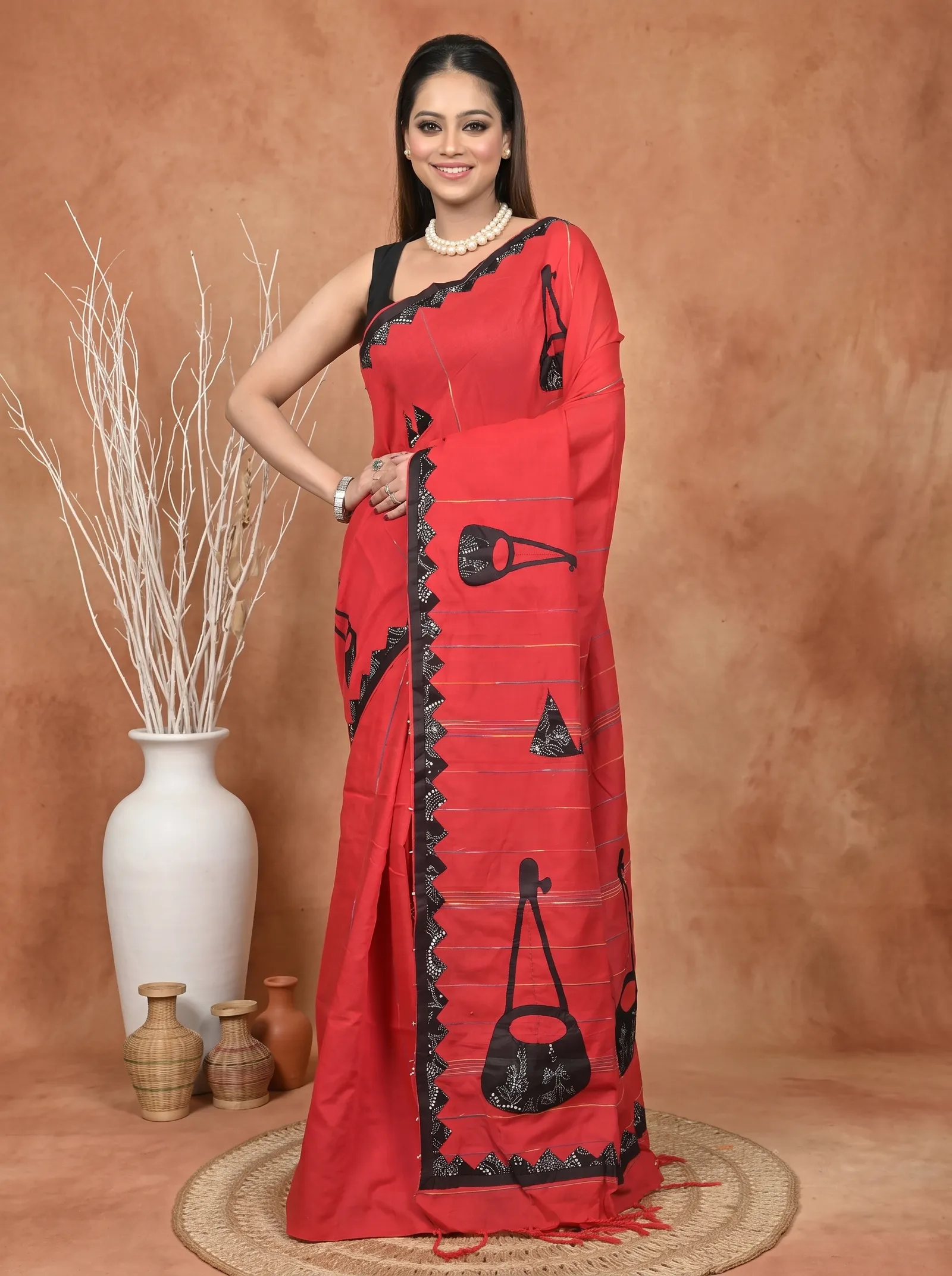 DipDiya Khadi Cotton  Traditional Bengali Red Black Artisan Crafted Ektara Applique Saree