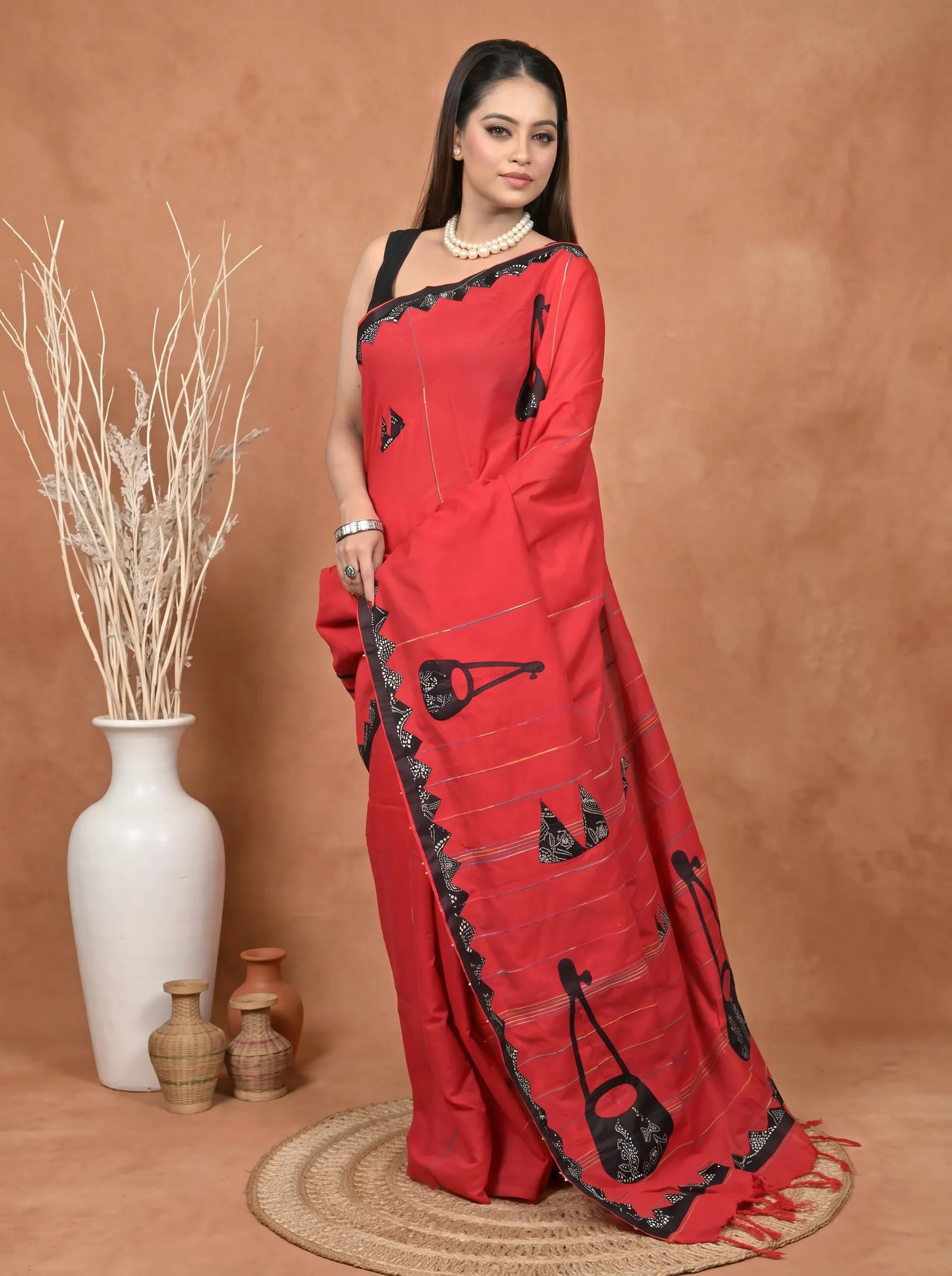 DipDiya Khadi Cotton  Traditional Bengali Red Black Artisan Crafted Ektara Applique Saree