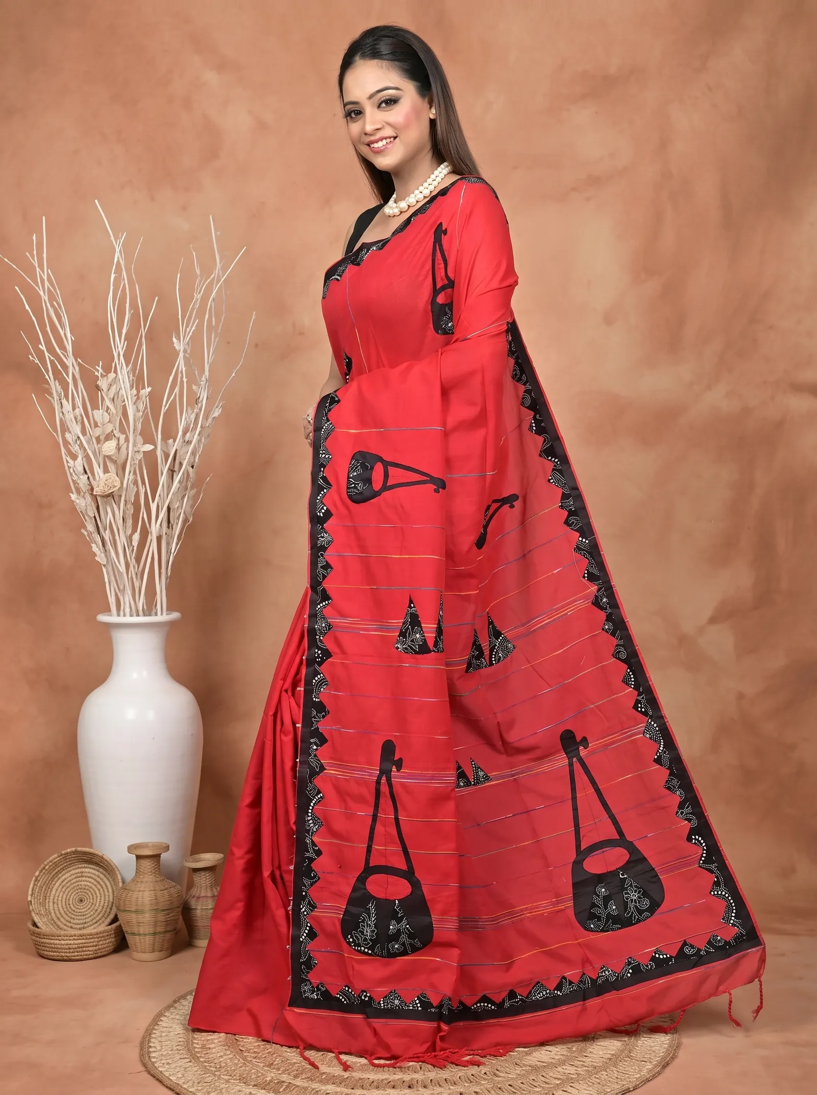 DipDiya Khadi Cotton  Traditional Bengali Red Black Artisan Crafted Ektara Applique Saree