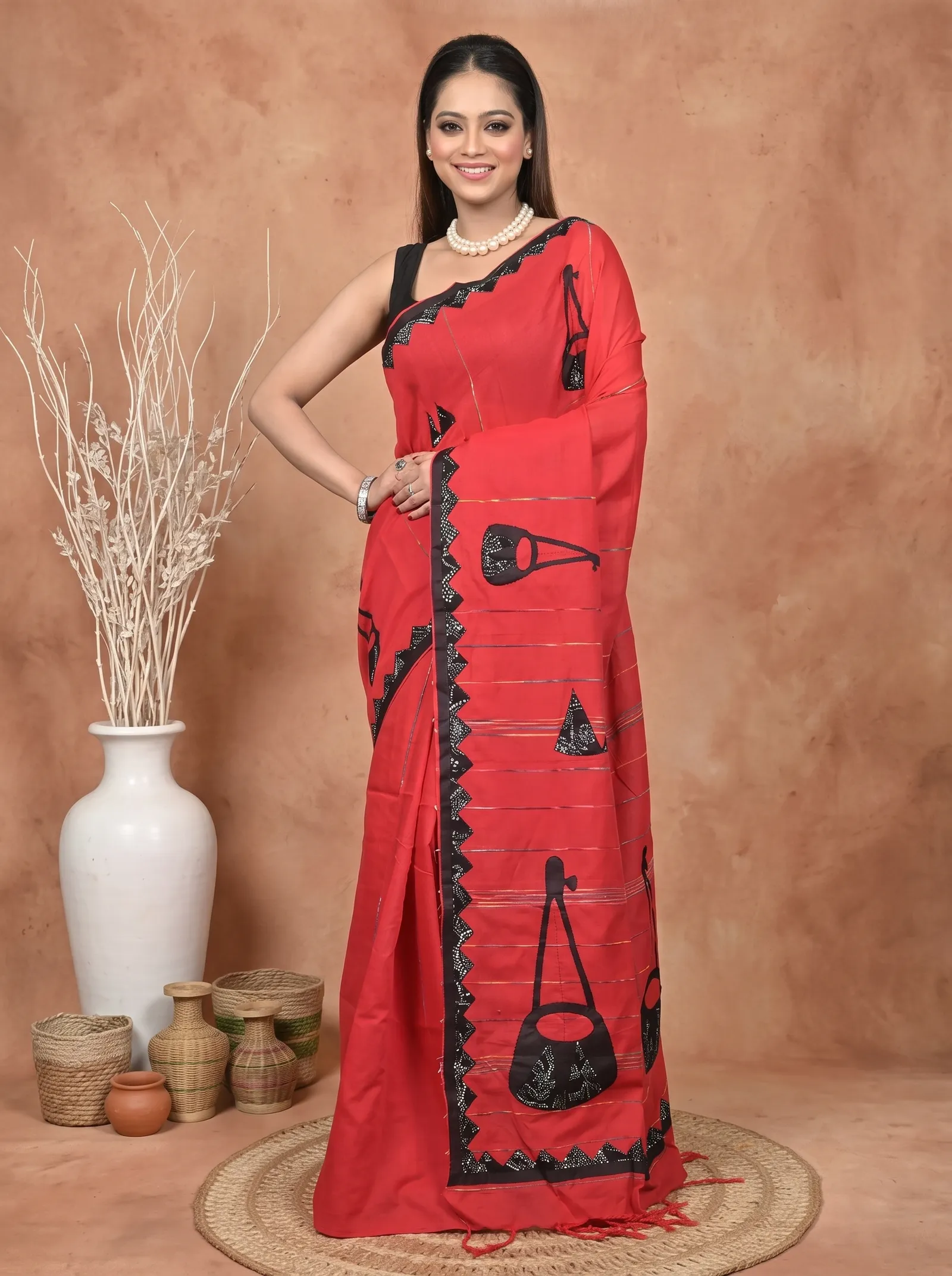 DipDiya Khadi Cotton  Traditional Bengali Red Black Artisan Crafted Ektara Applique Saree