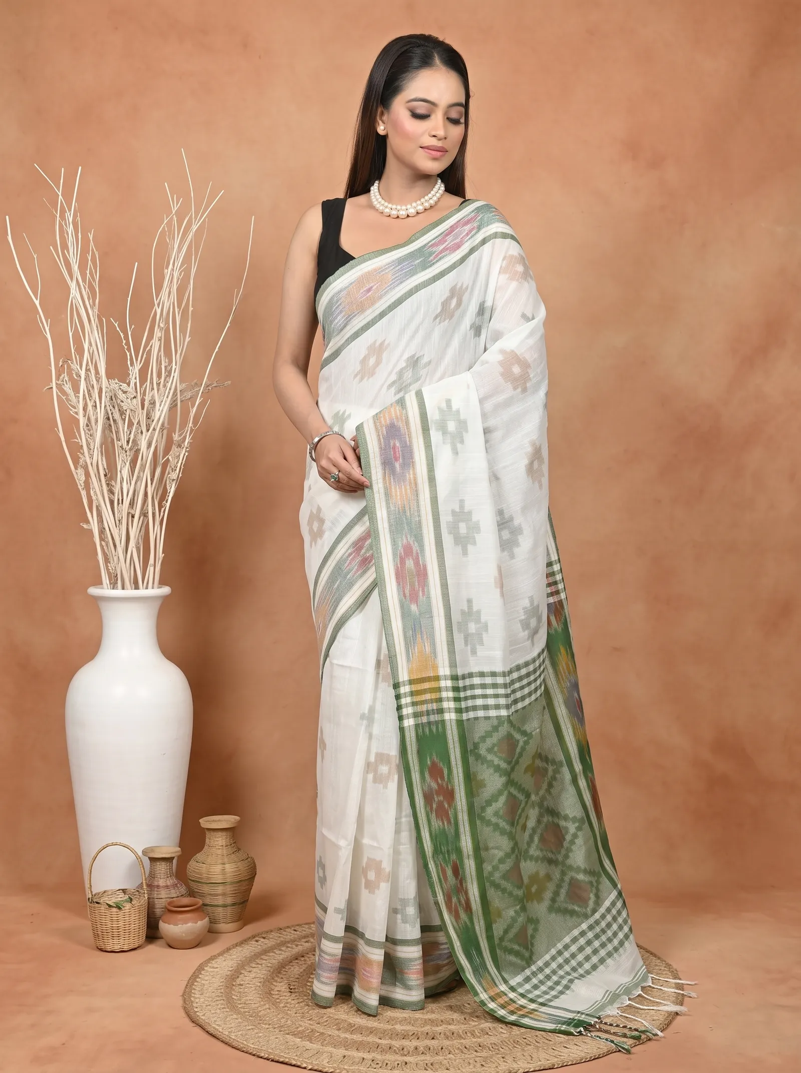 DipDiya Khadi Cotton  Traditional Bengali White Green Artisan Crafted Soukor Kotki Saree