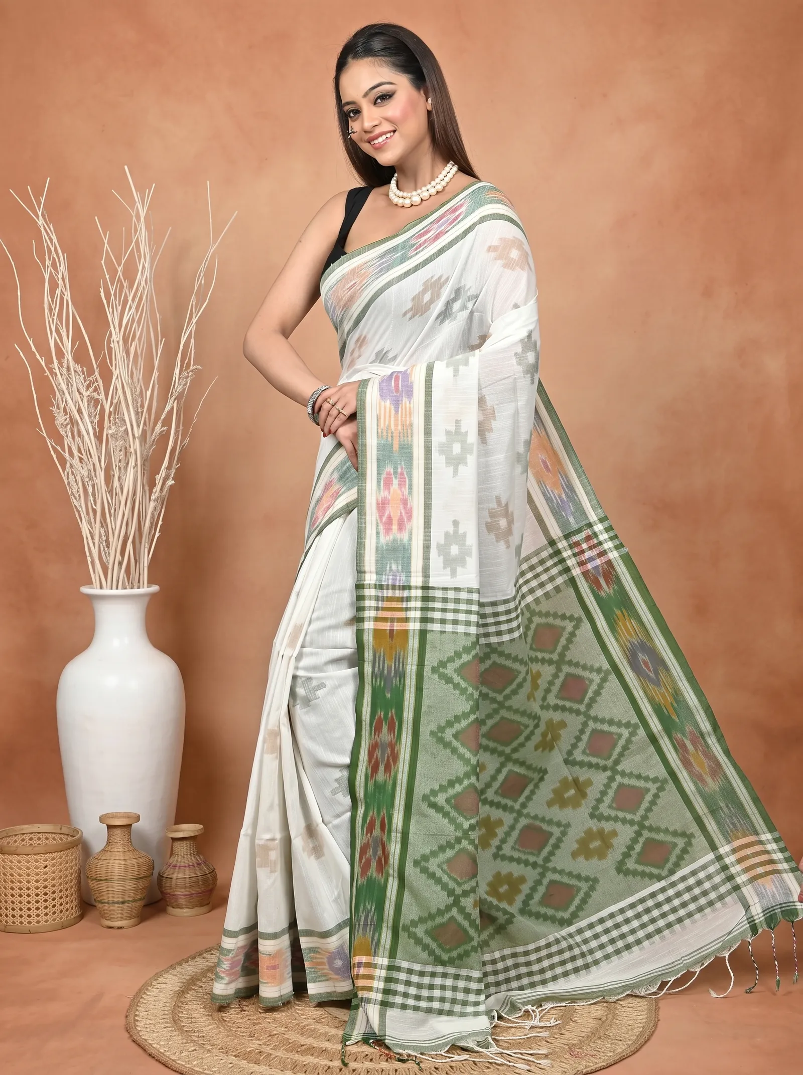 DipDiya Khadi Cotton  Traditional Bengali White Green Artisan Crafted Soukor Kotki Saree
