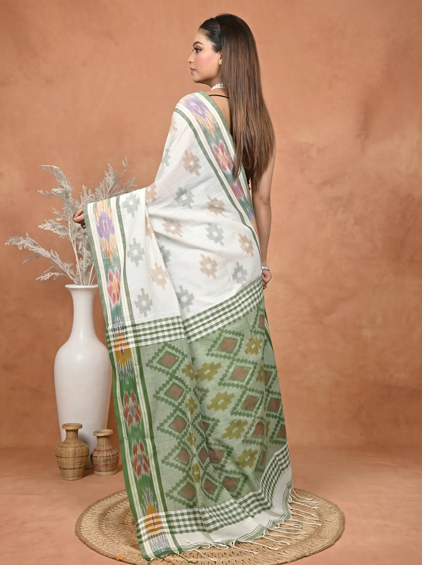 DipDiya Khadi Cotton  Traditional Bengali White Green Artisan Crafted Soukor Kotki Saree