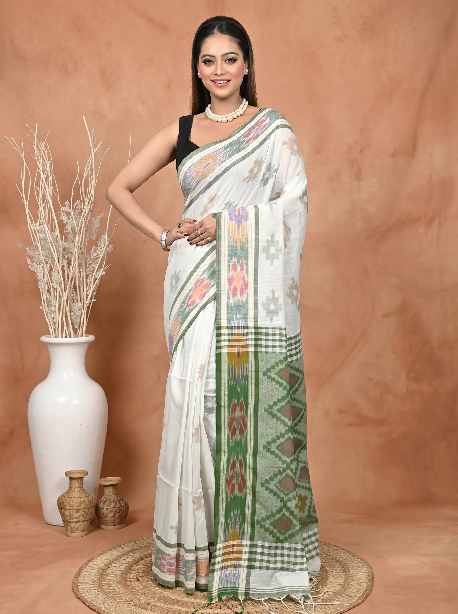 DipDiya Khadi Cotton  Traditional Bengali White Green Artisan Crafted Soukor Kotki Saree