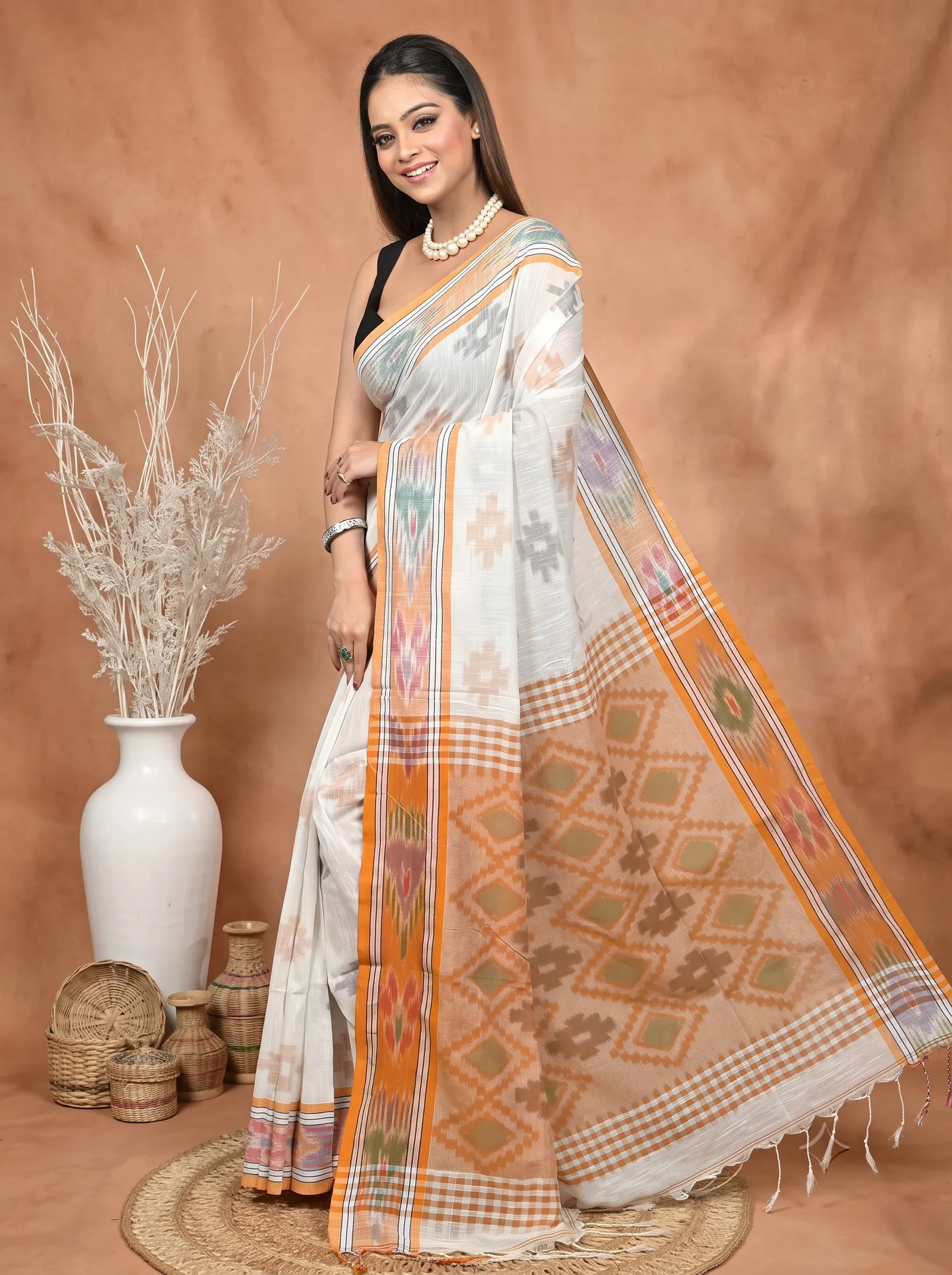 DipDiya Khadi Cotton  Traditional Bengali White Orange Artisan Crafted Soukor Kotki Saree