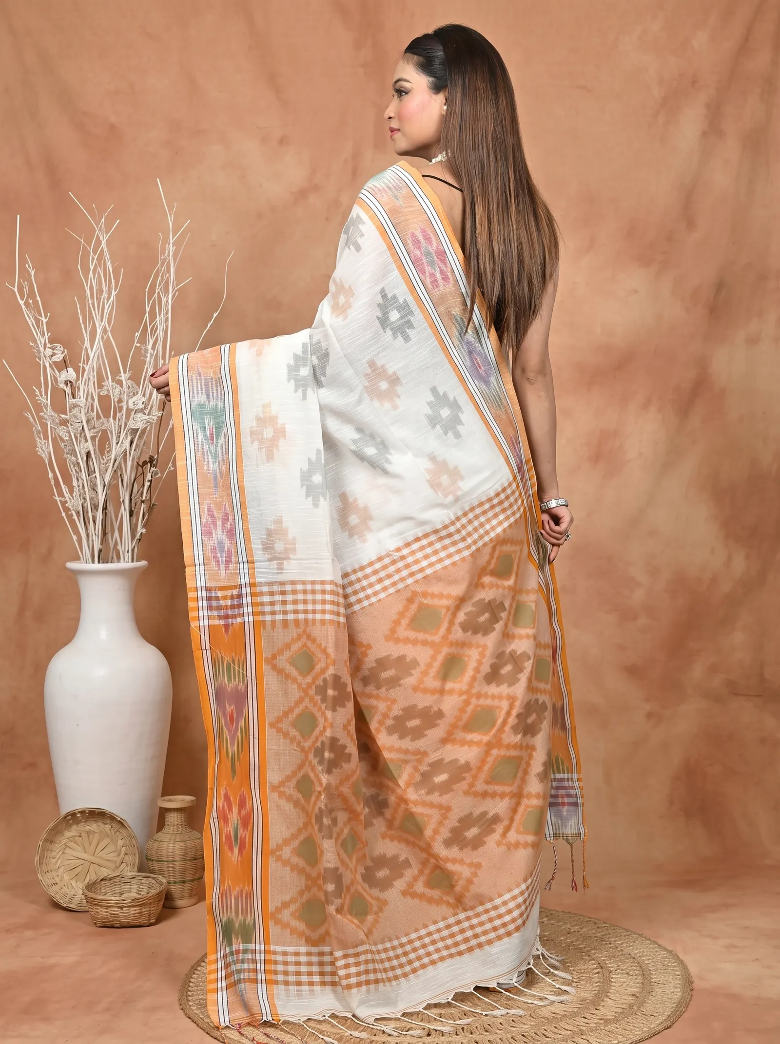 DipDiya Khadi Cotton  Traditional Bengali White Orange Artisan Crafted Soukor Kotki Saree