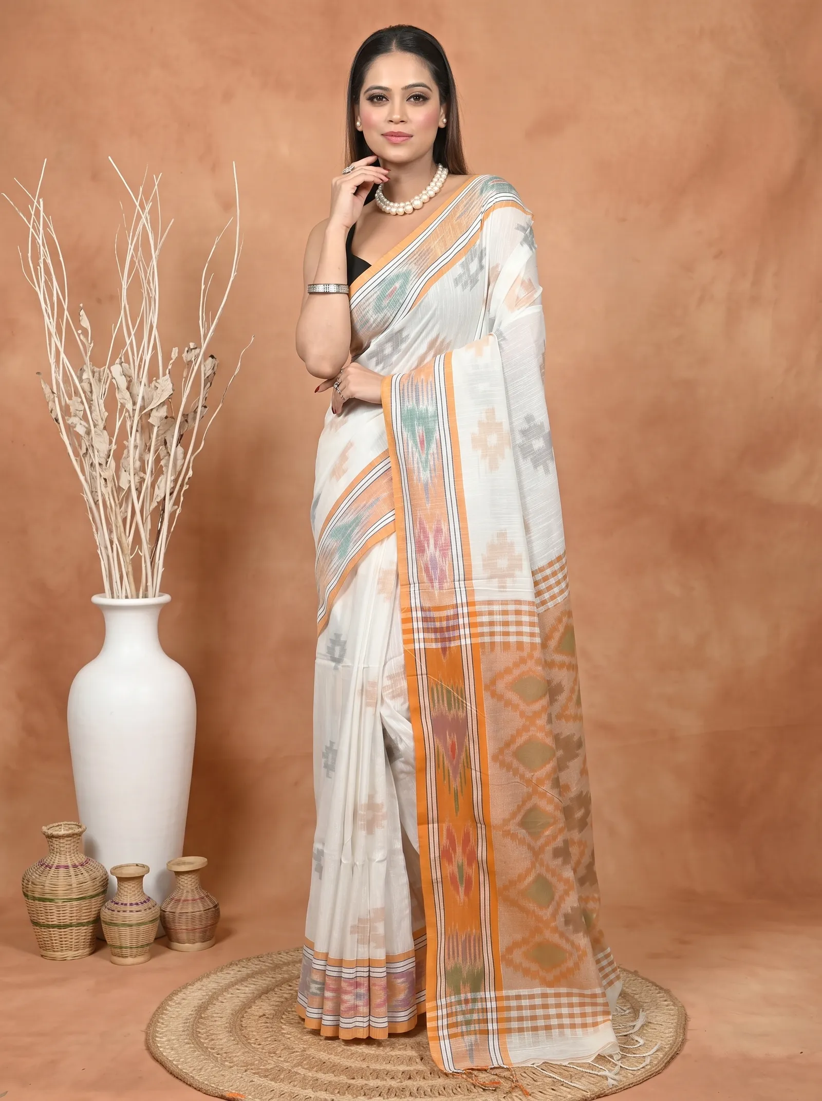 DipDiya Khadi Cotton  Traditional Bengali White Orange Artisan Crafted Soukor Kotki Saree