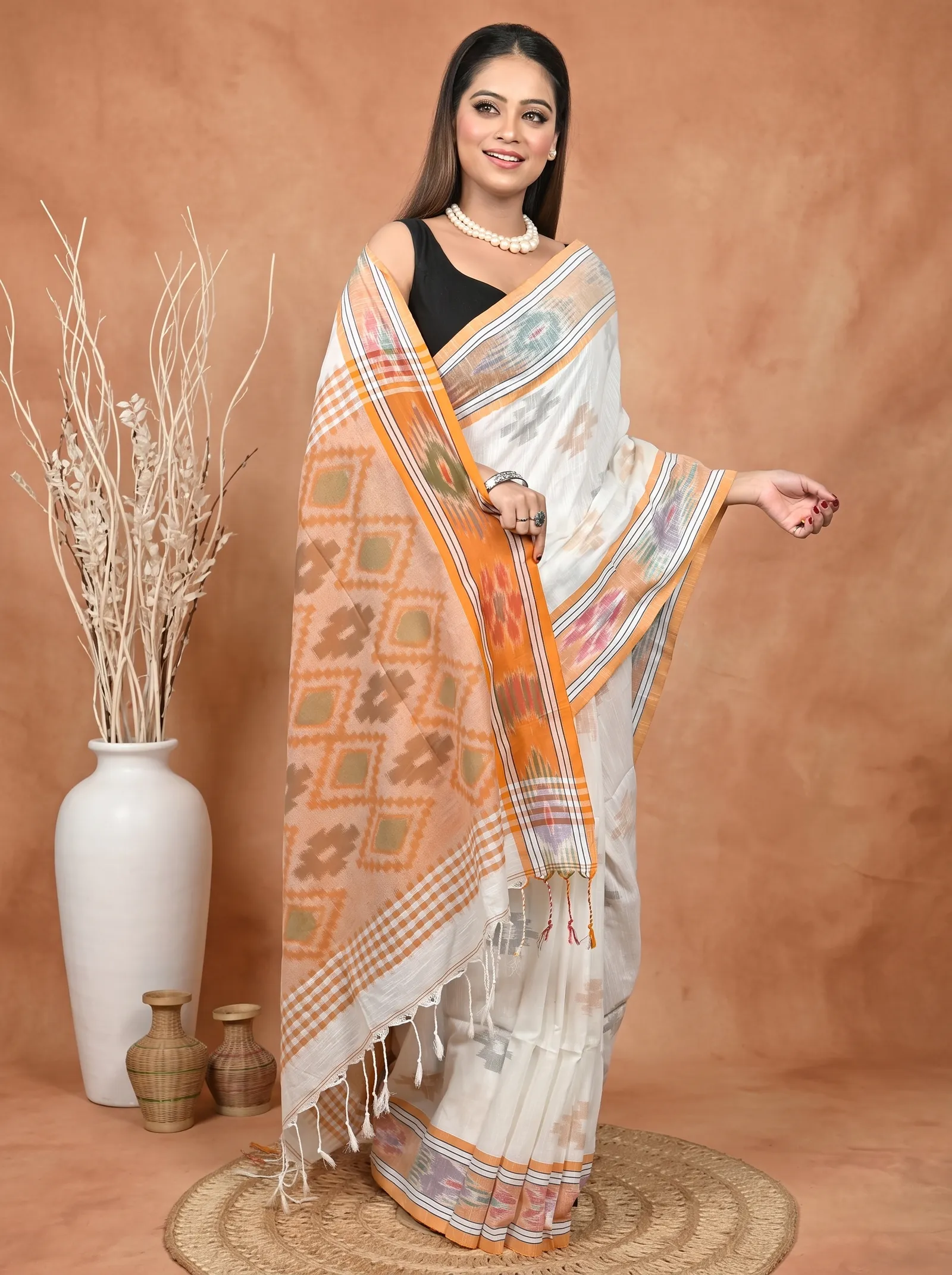 DipDiya Khadi Cotton  Traditional Bengali White Orange Artisan Crafted Soukor Kotki Saree