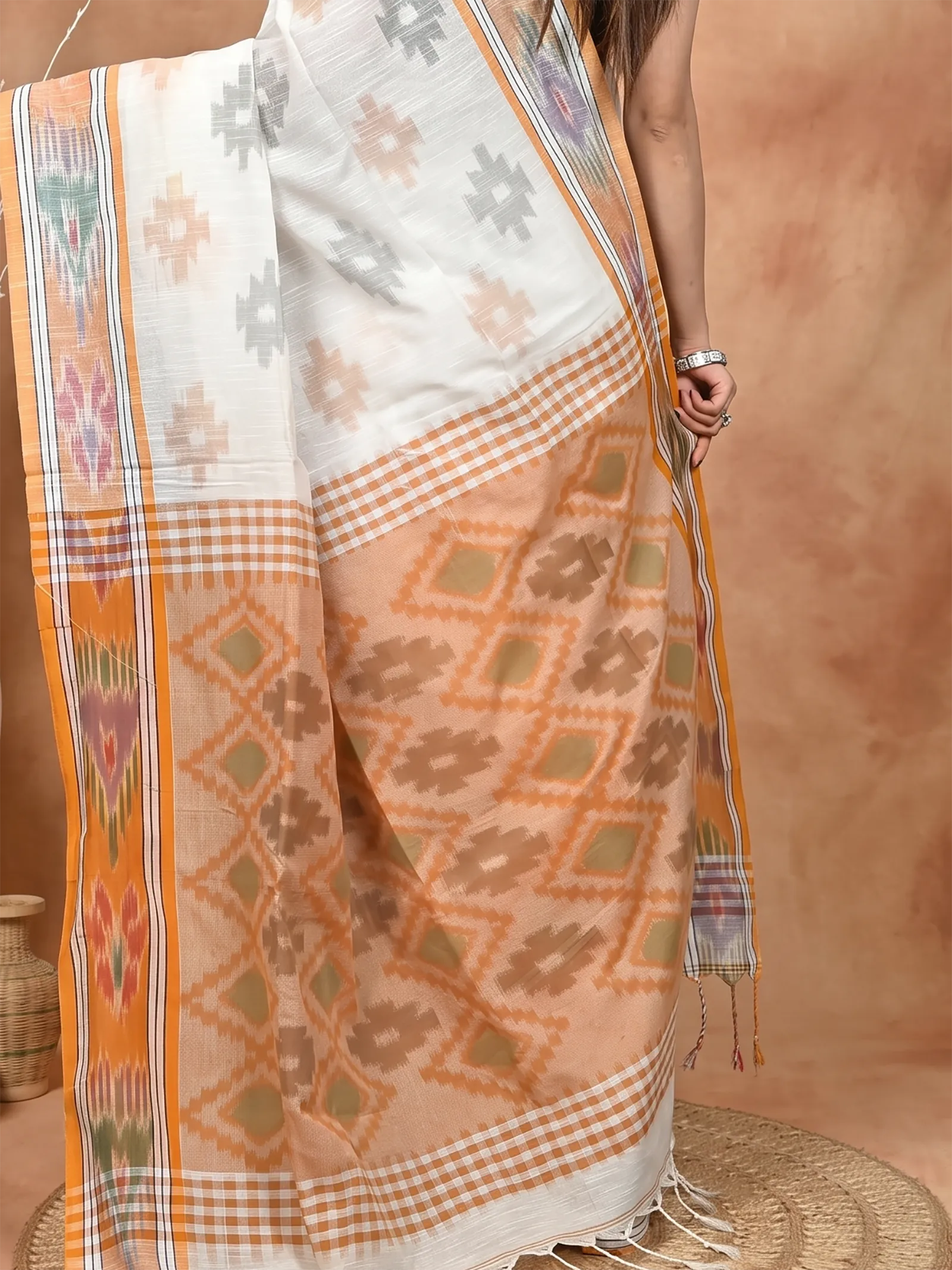 DipDiya Khadi Cotton  Traditional Bengali White Orange Artisan Crafted Soukor Kotki Saree
