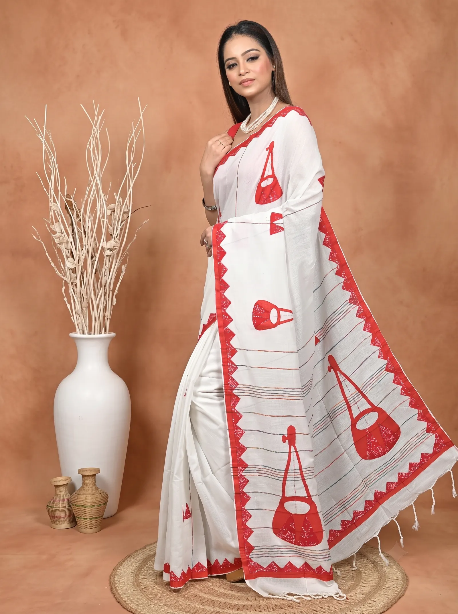 DipDiya Khadi Cotton  Traditional Bengali White Red Artisan Crafted Ektara Applique Saree
