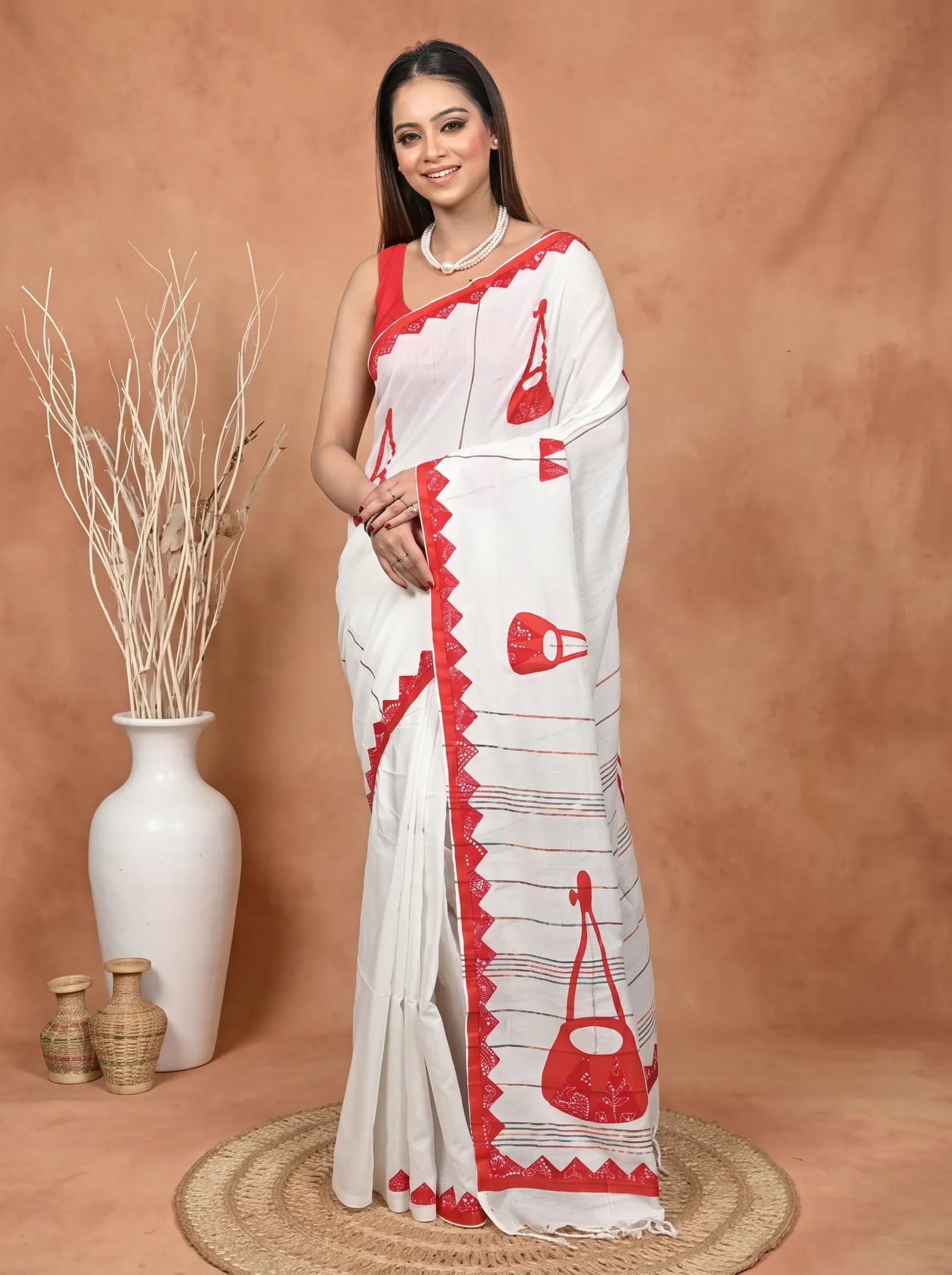 DipDiya Khadi Cotton  Traditional Bengali White Red Artisan Crafted Ektara Applique Saree