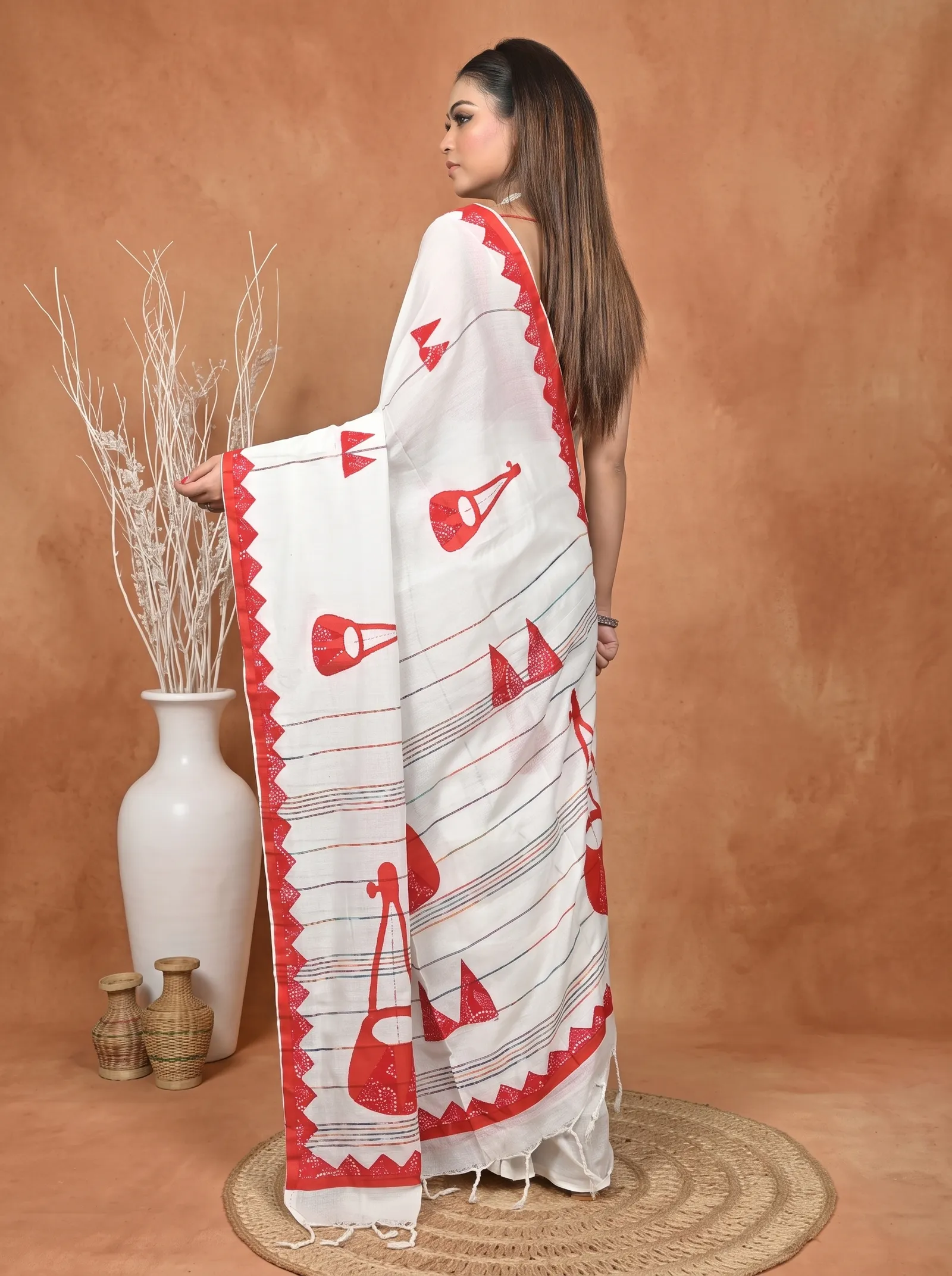 DipDiya Khadi Cotton  Traditional Bengali White Red Artisan Crafted Ektara Applique Saree