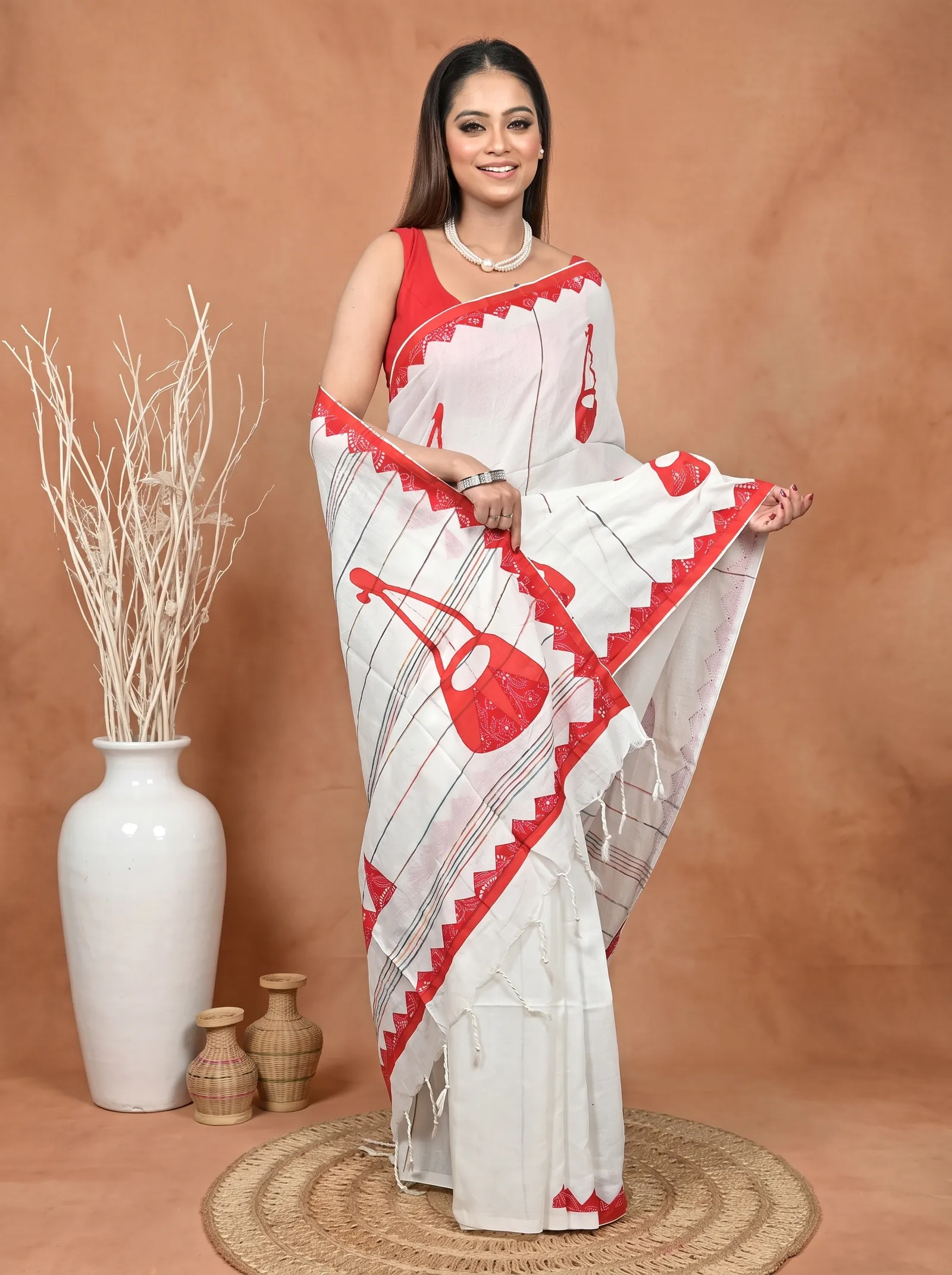 DipDiya Khadi Cotton  Traditional Bengali White Red Artisan Crafted Ektara Applique Saree